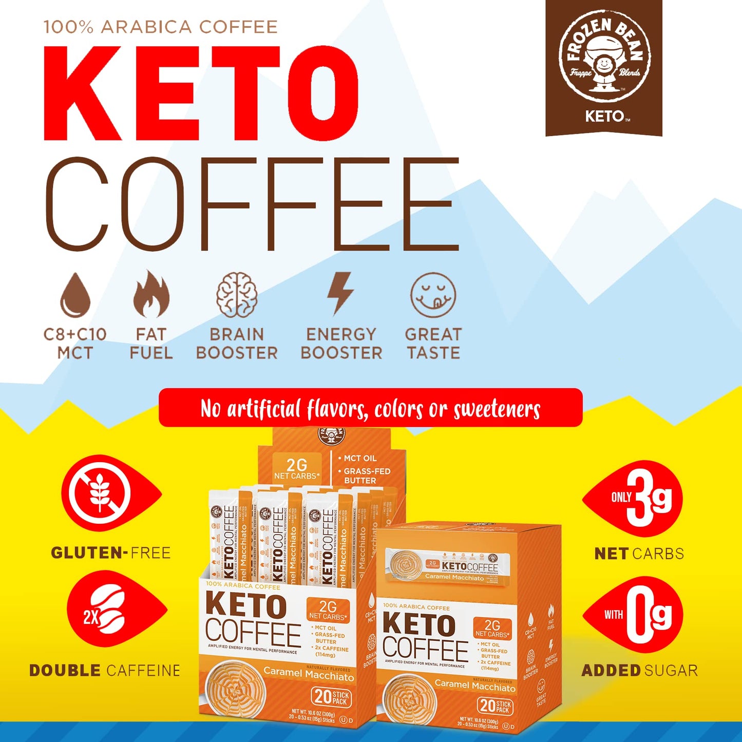 The Frozen Bean Caramel Macchiato Keto Instant Coffee Mix - 20 Single Serve Sticks, Low Sugar, MCT Oils, 0.53 Ounce