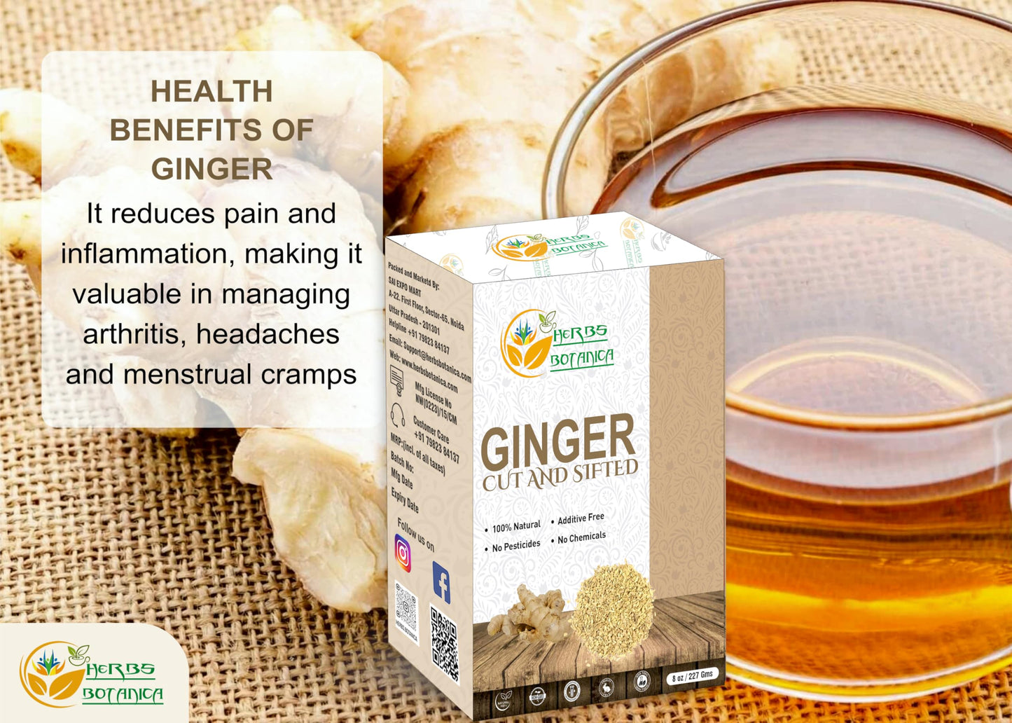 Herbs Botanica Dried Ginger Root Cut & Sifted for Teas & Oils, Food Grade, Non GMO, 8 oz