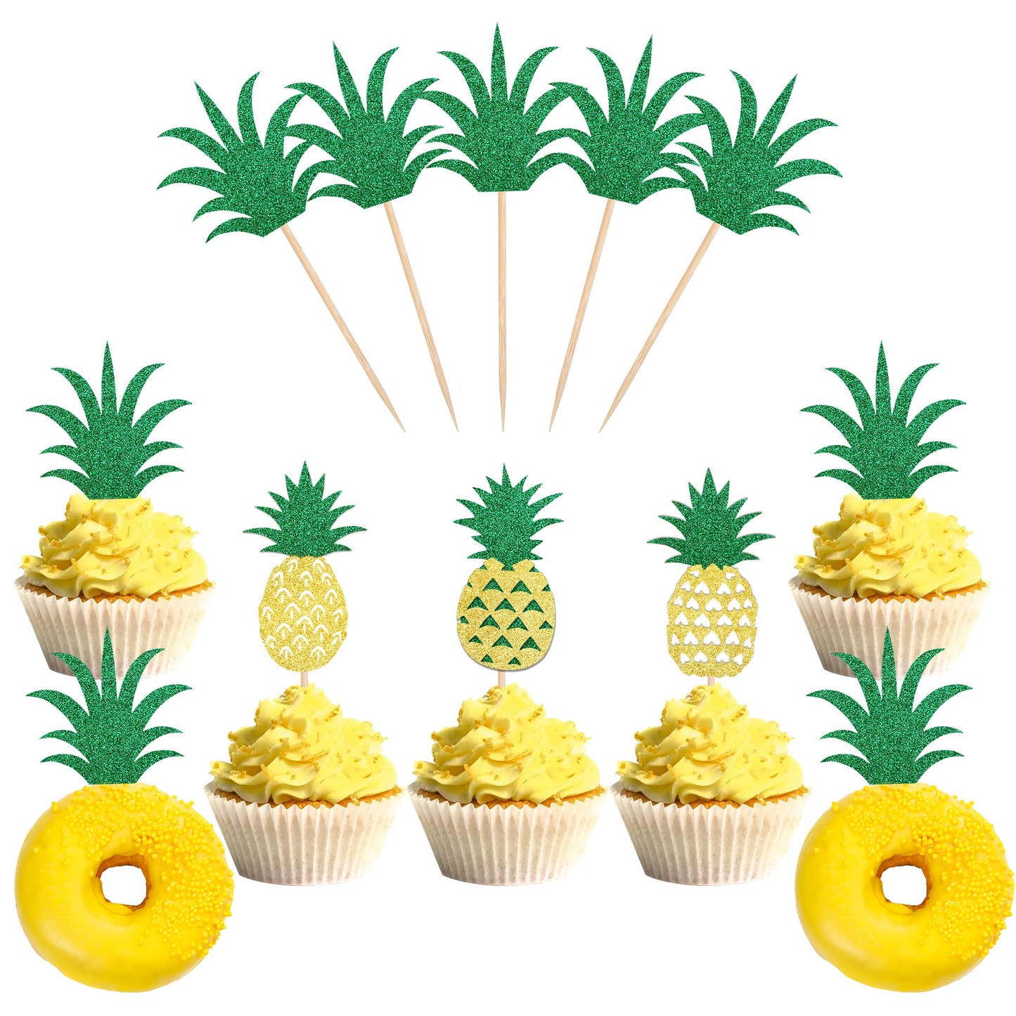 24 Pack Pineapple Cupcake Toppers Glitter Donut Fruit Cupcake Picks Hawaiian Luau Aloha Summer Tropical Theme Baby Shower Bridal Shower Wedding Or Birthday Party Cake Decorations Supplies
