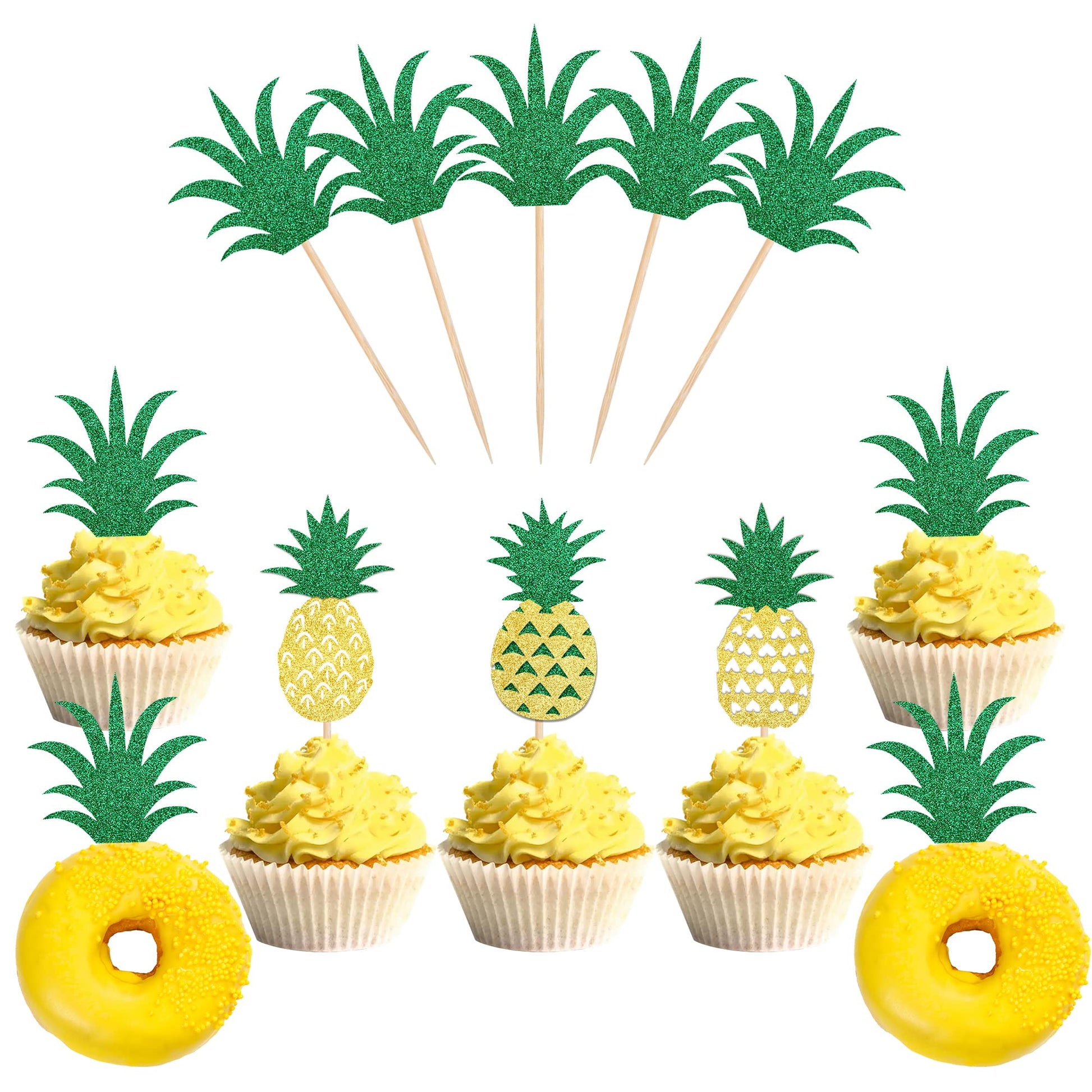24 Pack Pineapple Cupcake Toppers Glitter Donut Fruit Cupcake Picks Hawaiian Luau Aloha Summer Tropical Theme Baby Shower Bridal Shower Wedding Or Birthday Party Cake Decorations Supplies