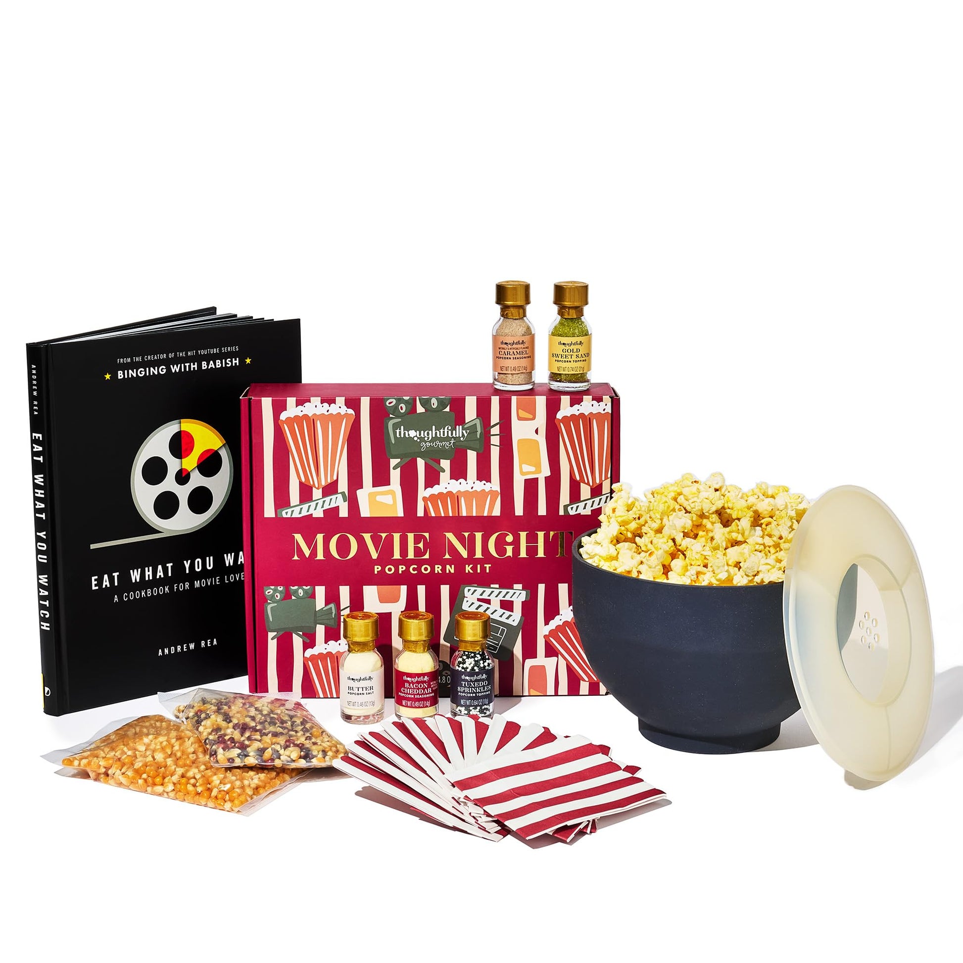 Thoughtfully, Movie Night Popcorn Gift Set with Seasonings, Toppings & Popper - Includes Eat What You Watch Cookbook, Popcorn Ke