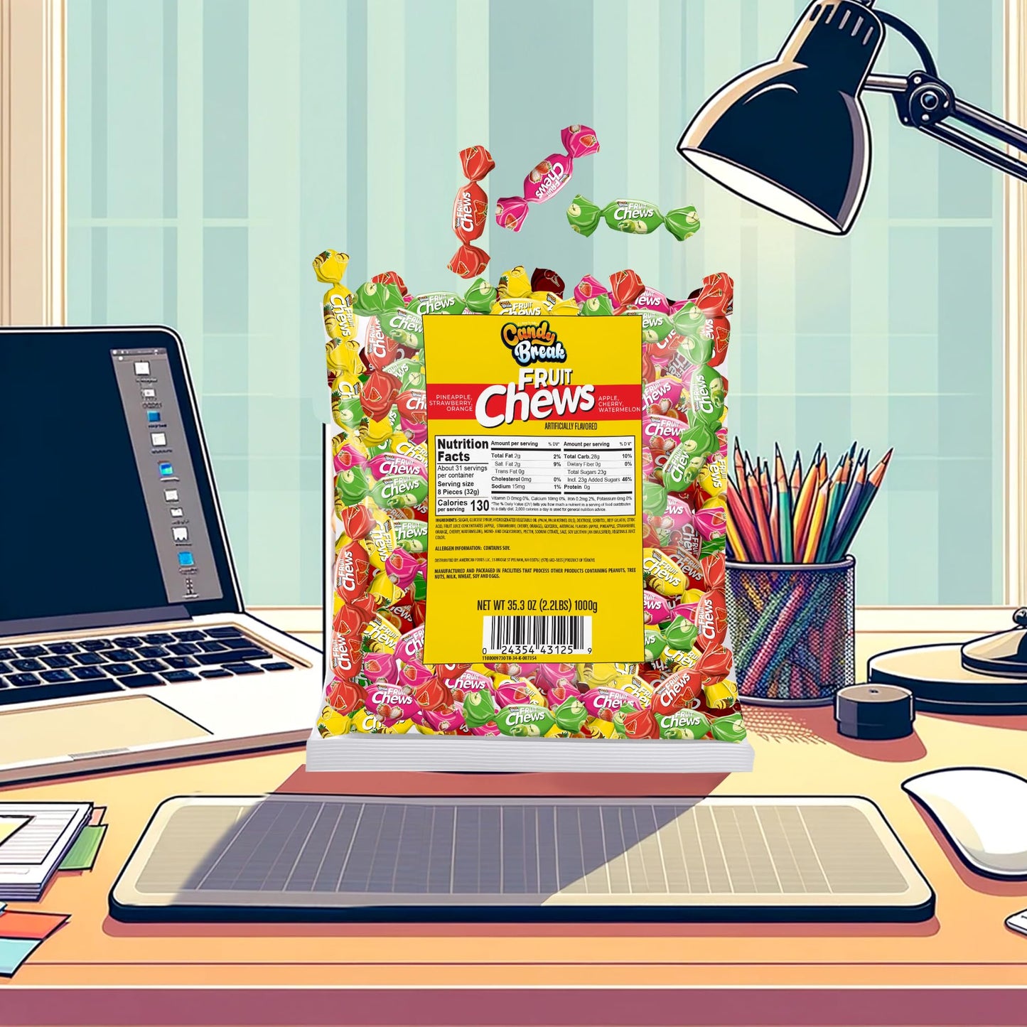 Candy Break Toffix Fruit Chews - Variety Pack of Fruit Candy with Flavored Filling, Strawberry, Apple, Watermelon, Cherry, Pinea