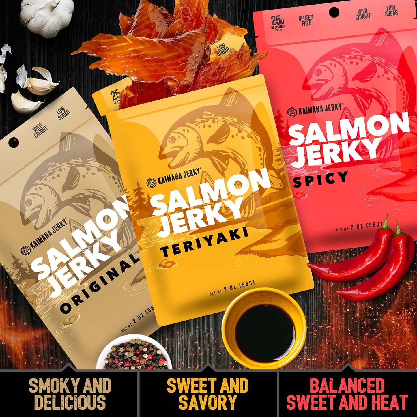 Kaimana Jerky Wild Caught Salmon Jerky - Organic Dried Fish Strips, Low-Calorie Seafood Snack - 2 Ounce (Pack of 3)