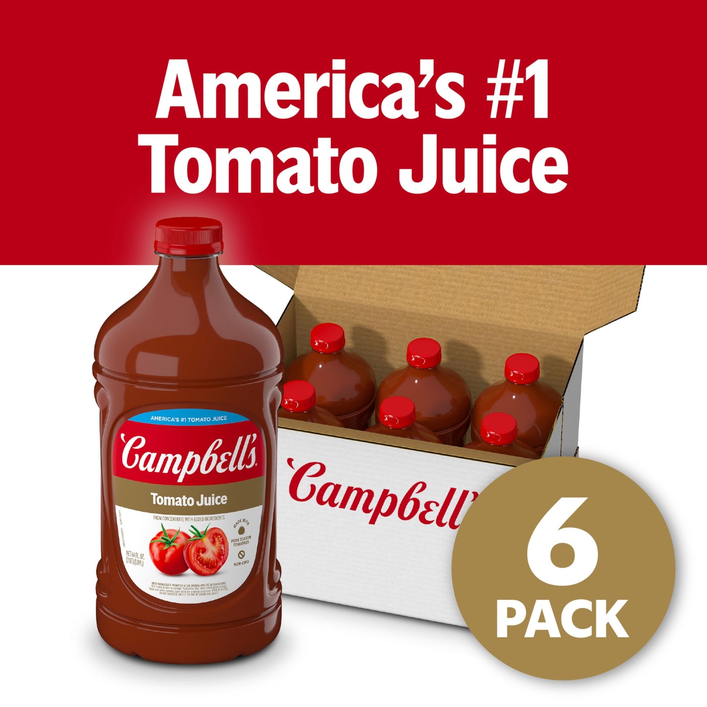 Campbells Tomato Juice, 100% Pure, 64 Fl Oz Bottle, Pack of 6