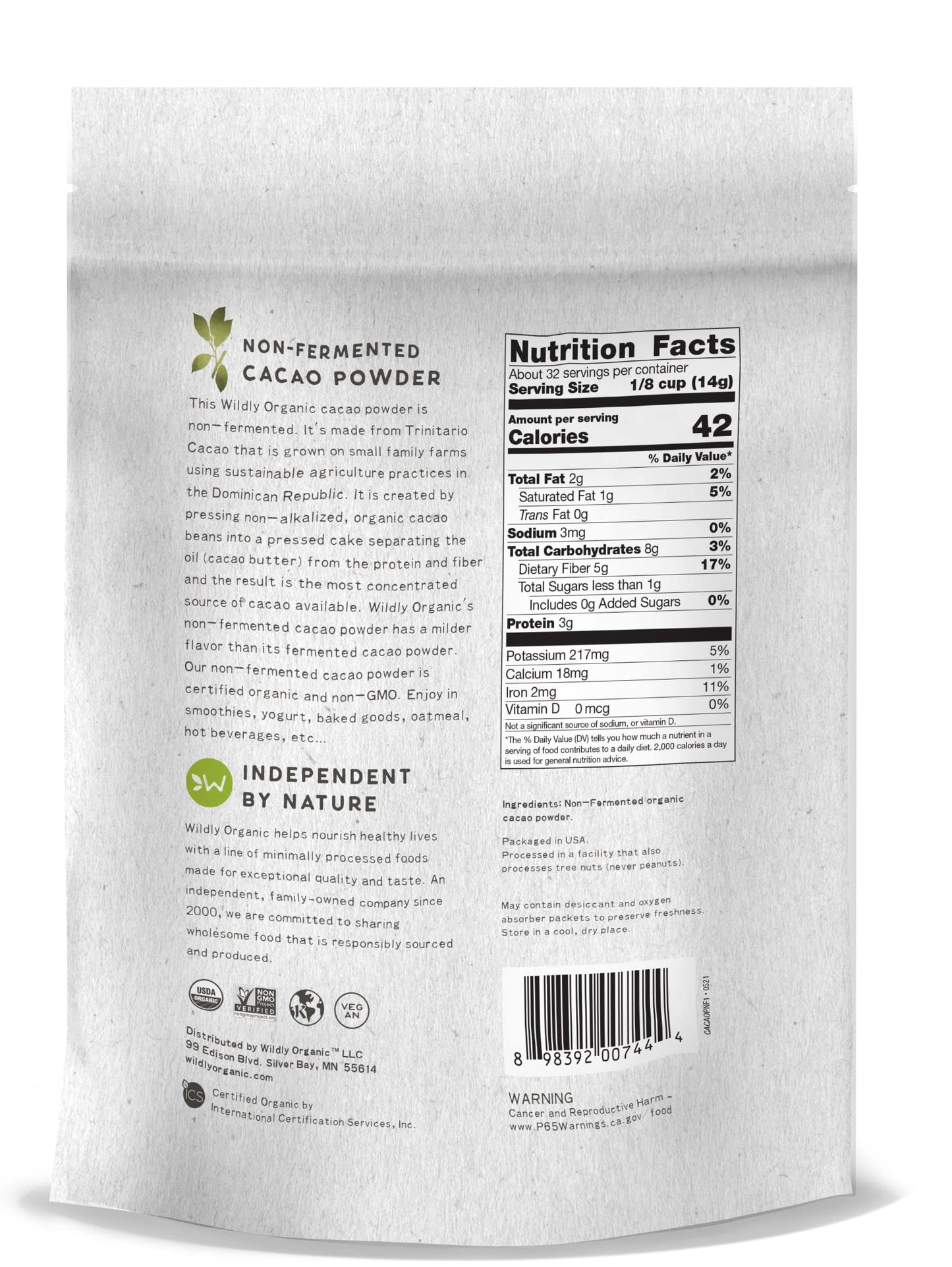 Wildly Organic Non-Fermented Cacao Powder 16 Oz, 1 Lb Bag - Organic, Non-Alkalized, High In Antioxidants, Minimally Processed, R