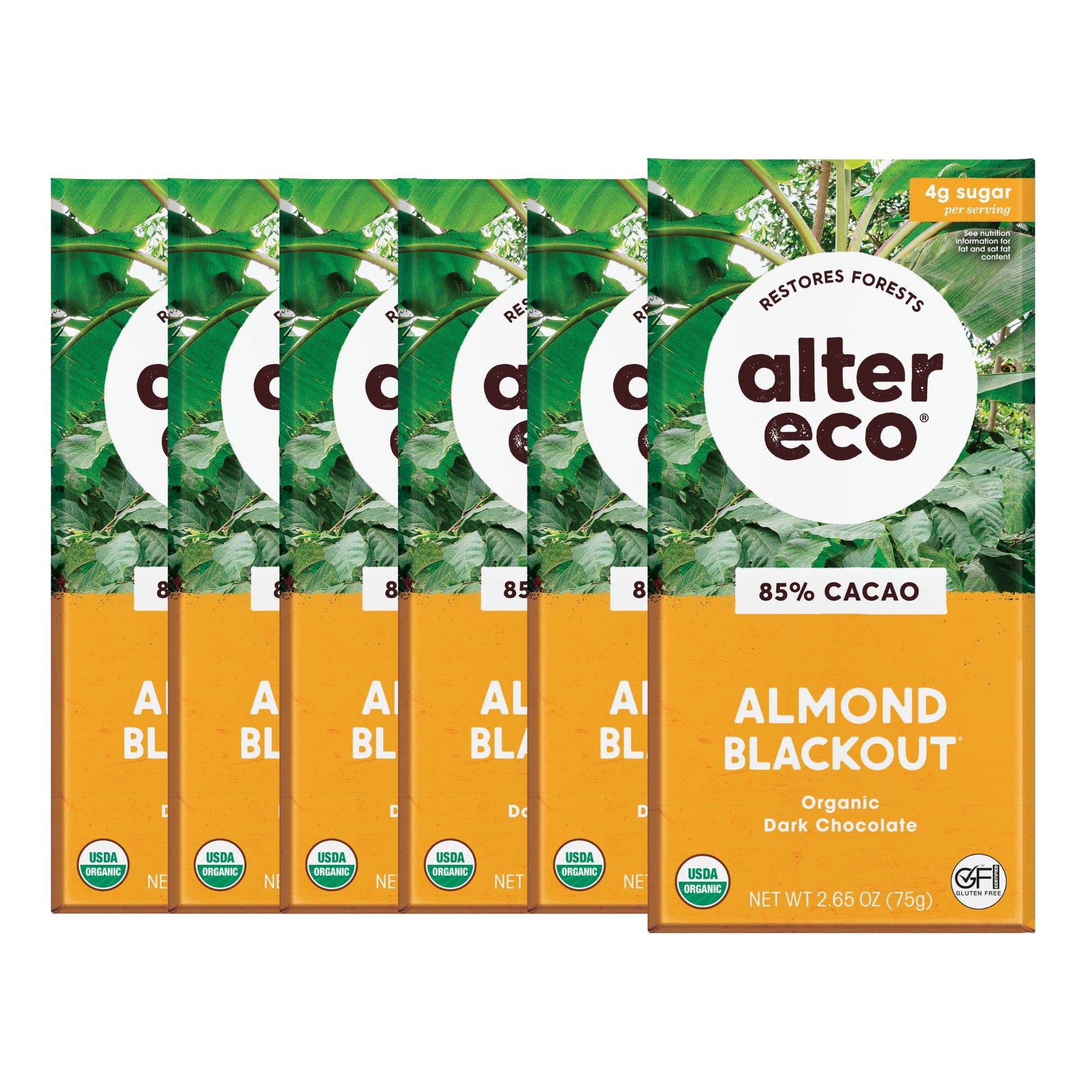 Alter Eco | Dark Chocolate Bars | Pure Dark Cocoa  Fair Trade  Organic  Non-Gmo  Gluten Free (6-Pack Almond Blackout)