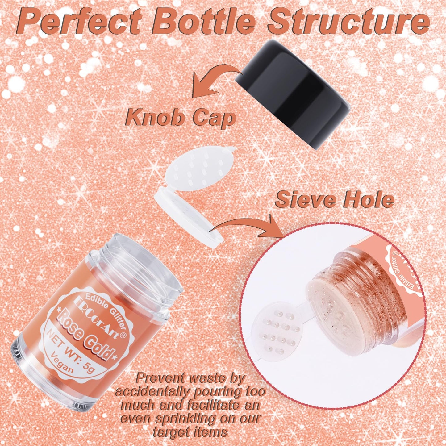Edible Glitter - Rose Gold Luster Dust Edible For Drinks Cakes, Food Grade Cake Decorating Shimmering Glitter, Sprinkle Powder F