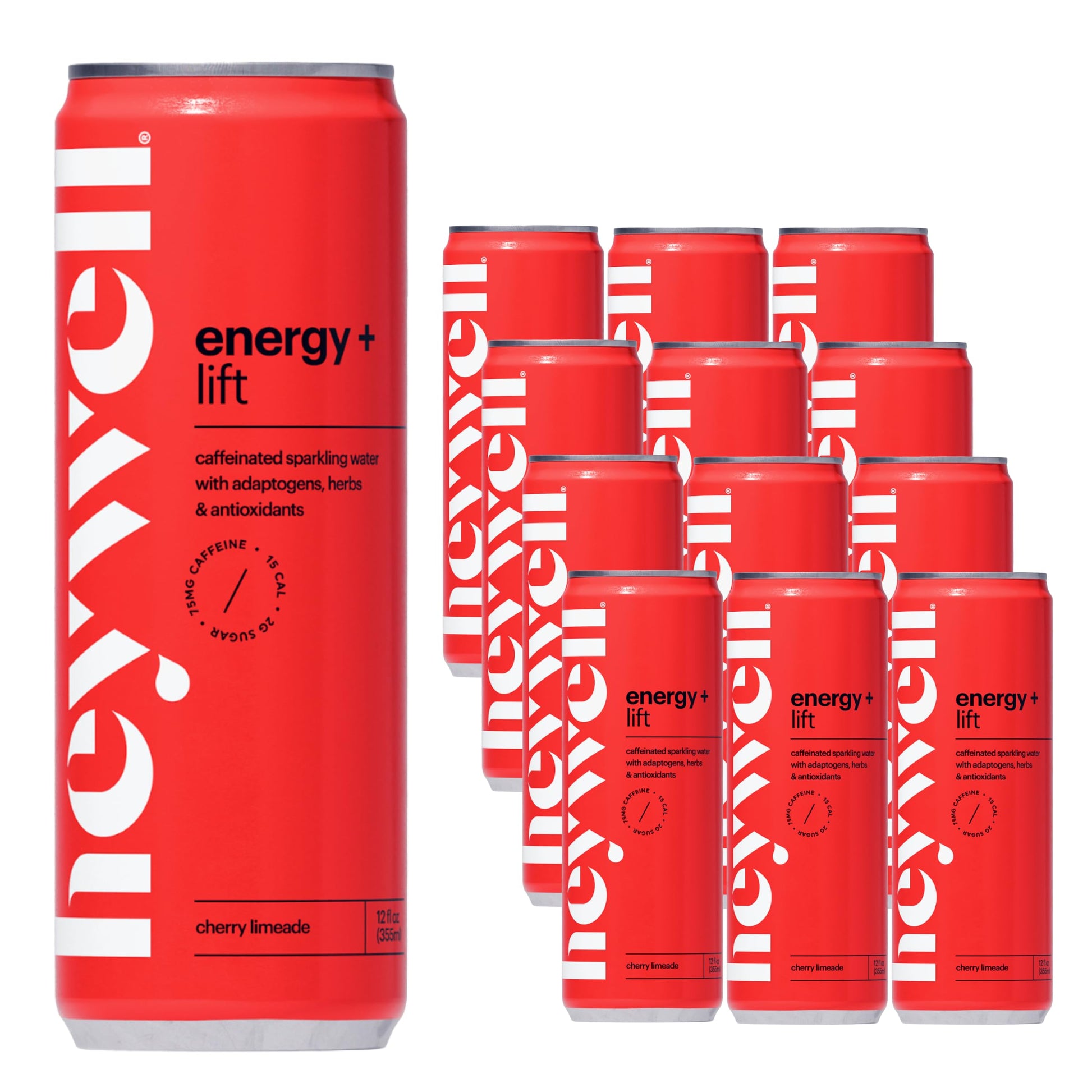 Heywell Sparkling Adaptogenic Water, Cherry Limeade, Caffeinated, Organic, Non-GMO, Vegan, Gluten-Free, 12 Fl Oz (Pack of 12)