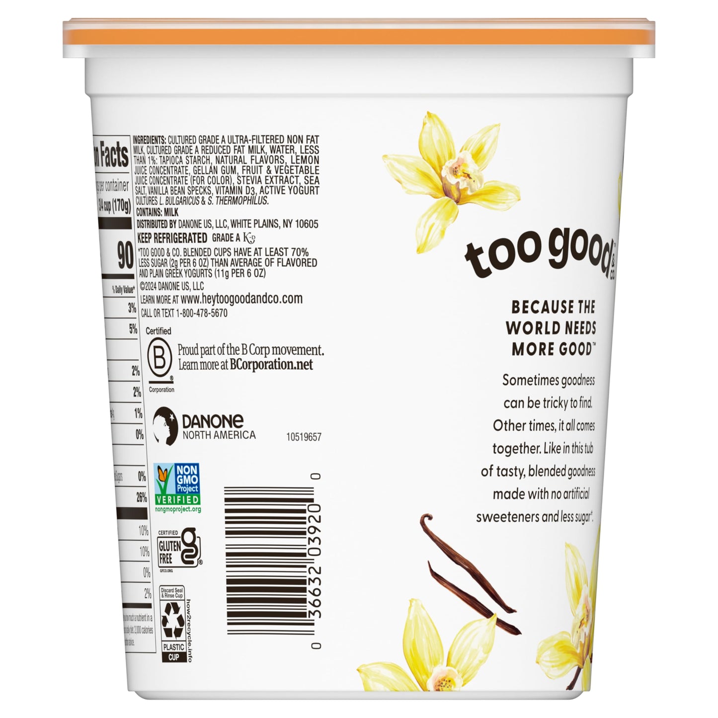 Too Good & Co. Vanilla Flavored Lower Sugar, Low Fat Greek Yogurt Cultured Product, 32 OZ Tub