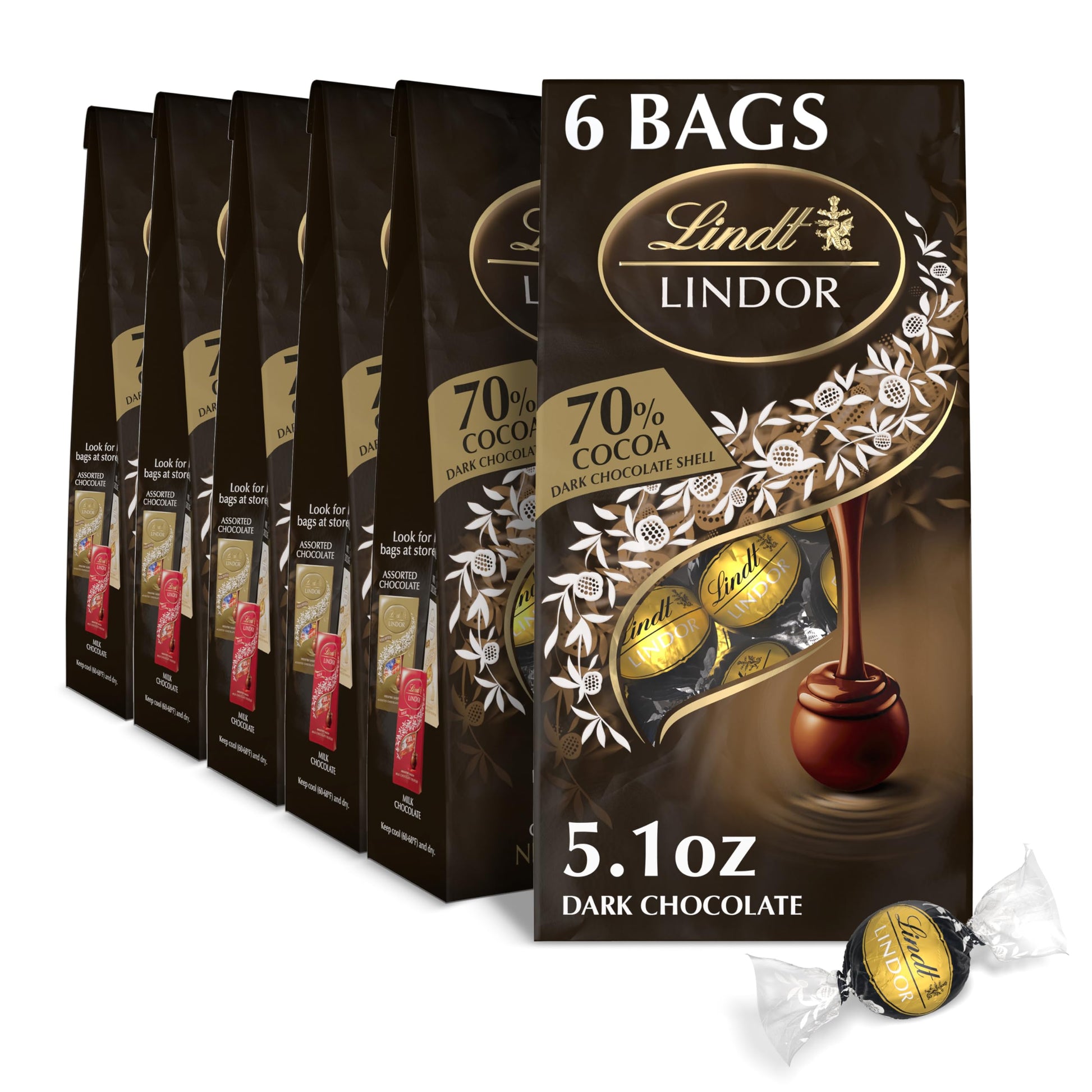 Lindt LINDOR 70% Extra Dark Chocolate Truffles  Dark Chocolate Candy with Smooth  Melting Truffle Center  Great for Gift Giving  5.1 oz. Bag (6 Pack)