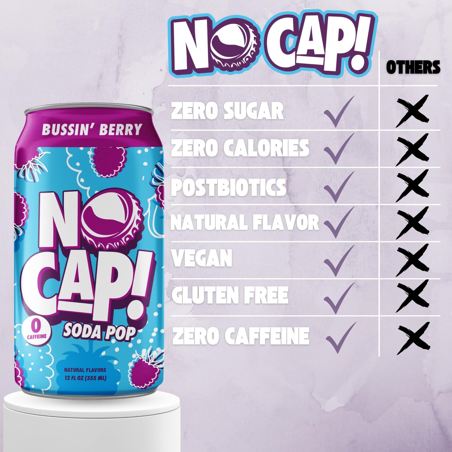 NO CAP! Soda Pop, Healthy Soda Alternative, Zero Sugar, Caffeine Free, Vegan, 12 oz Cans, Variety Pack, 12 Pack