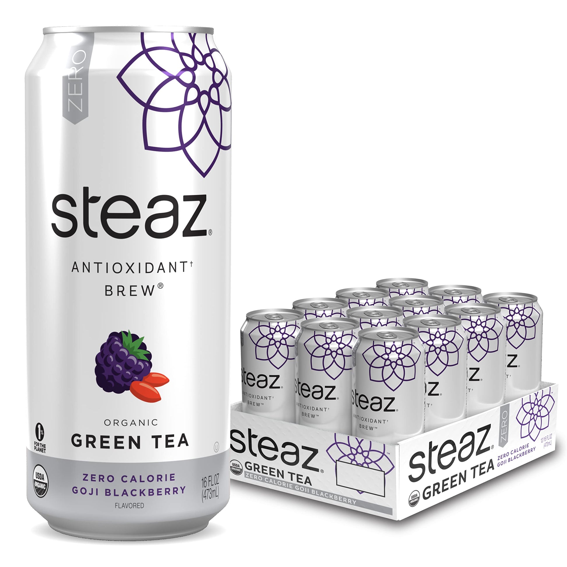 Steaz Organic Iced Green Tea Antioxidant Brew, Zero Calorie Goji Blackberry, 16 Fl Oz, Pack Of 12