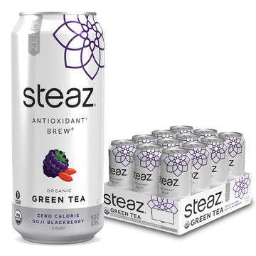 Steaz Organic Iced Green Tea Antioxidant Brew, Zero Calorie Goji Blackberry, 16 Fl Oz, Pack Of 12