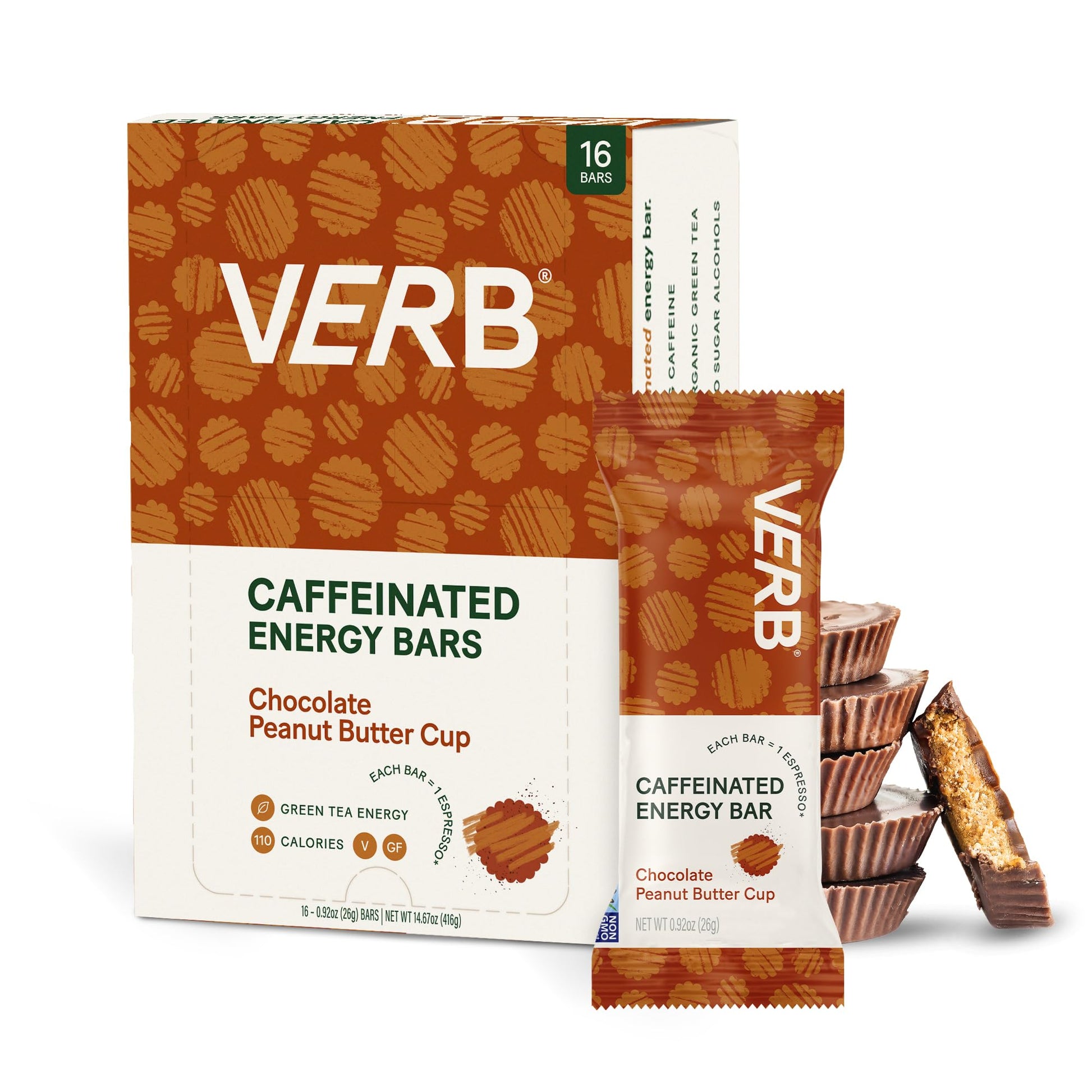 Verb Caffeinated Energy Bars Chocolate Peanut Butter Cup (26G, Pack Of 16) 110-Calorie Delicious Energy Bar, Gluten Free On-The Go Snack With 80Mg Green Tea Caffeine, Only Real-Food Ingredients