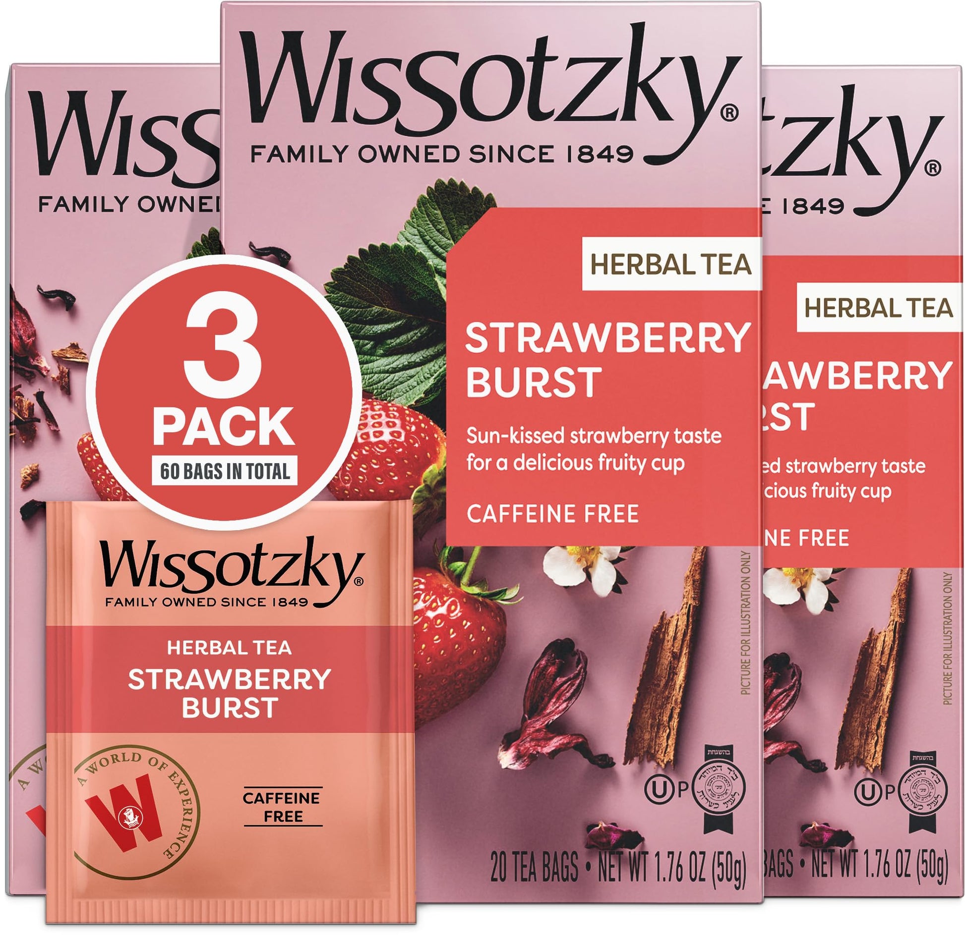 Wissotzky Herbal Tea - Strawberry Burst - Caffeine Free - 3 Pack (60 Tea Bags) - Antioxidant Rich Fruity Blend