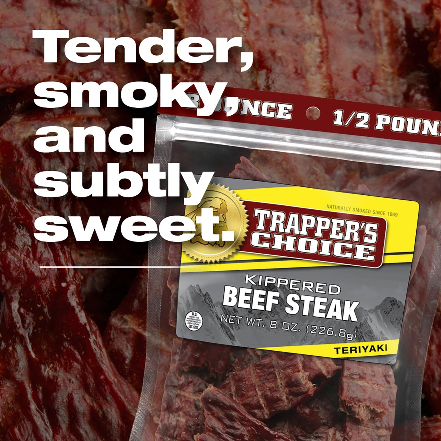 Old Trapper, Trapper'S Choice Teriyaki Kippered Beef Steak, Eight-Ounce Individual Package, Savory Sweet Meat Snacks, 10 Grams O