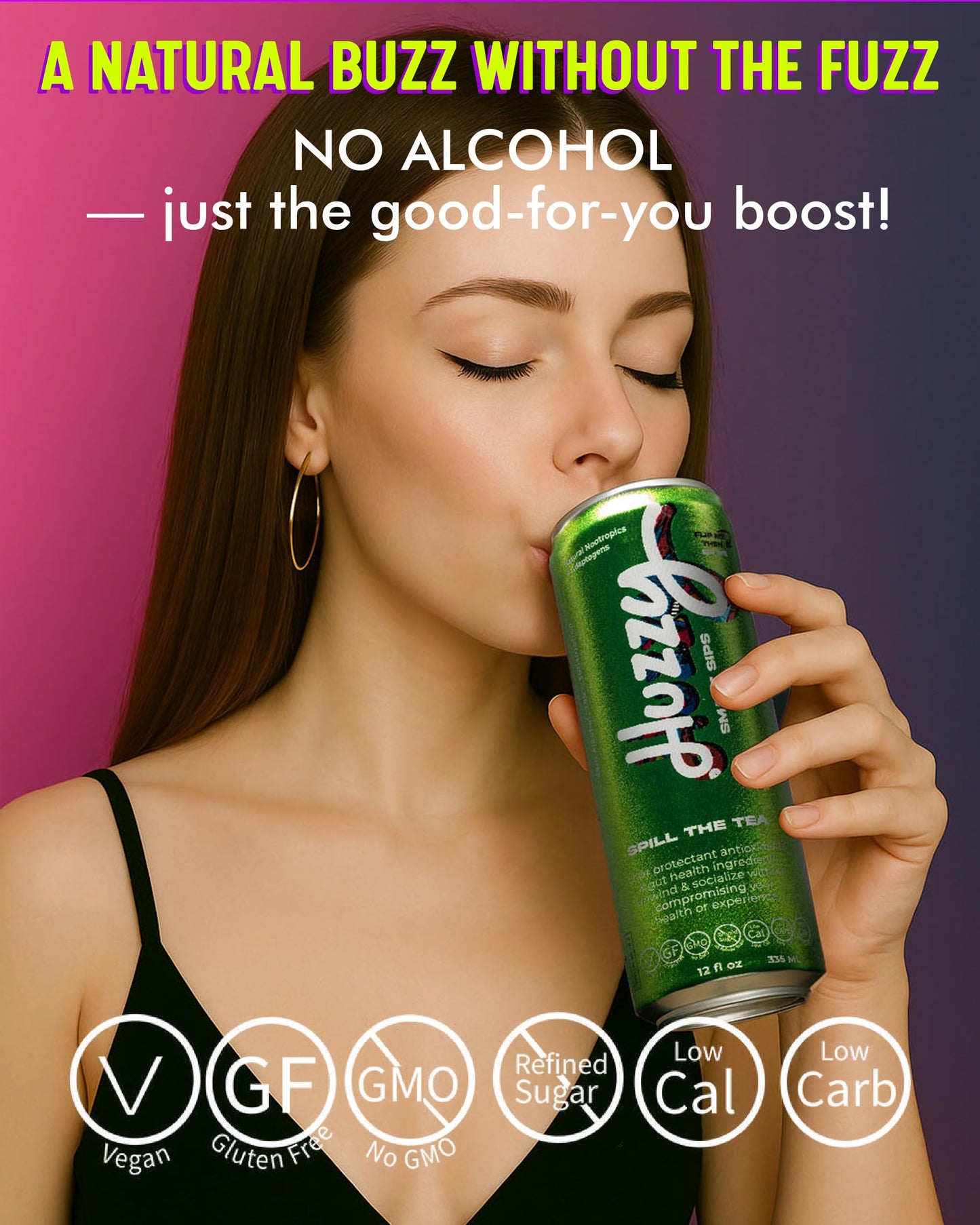 Huzzy Smart Sips Non-  ic Long Island Inspired Functional Cocktails - Low Calorie, Low Carb - 4 Pack