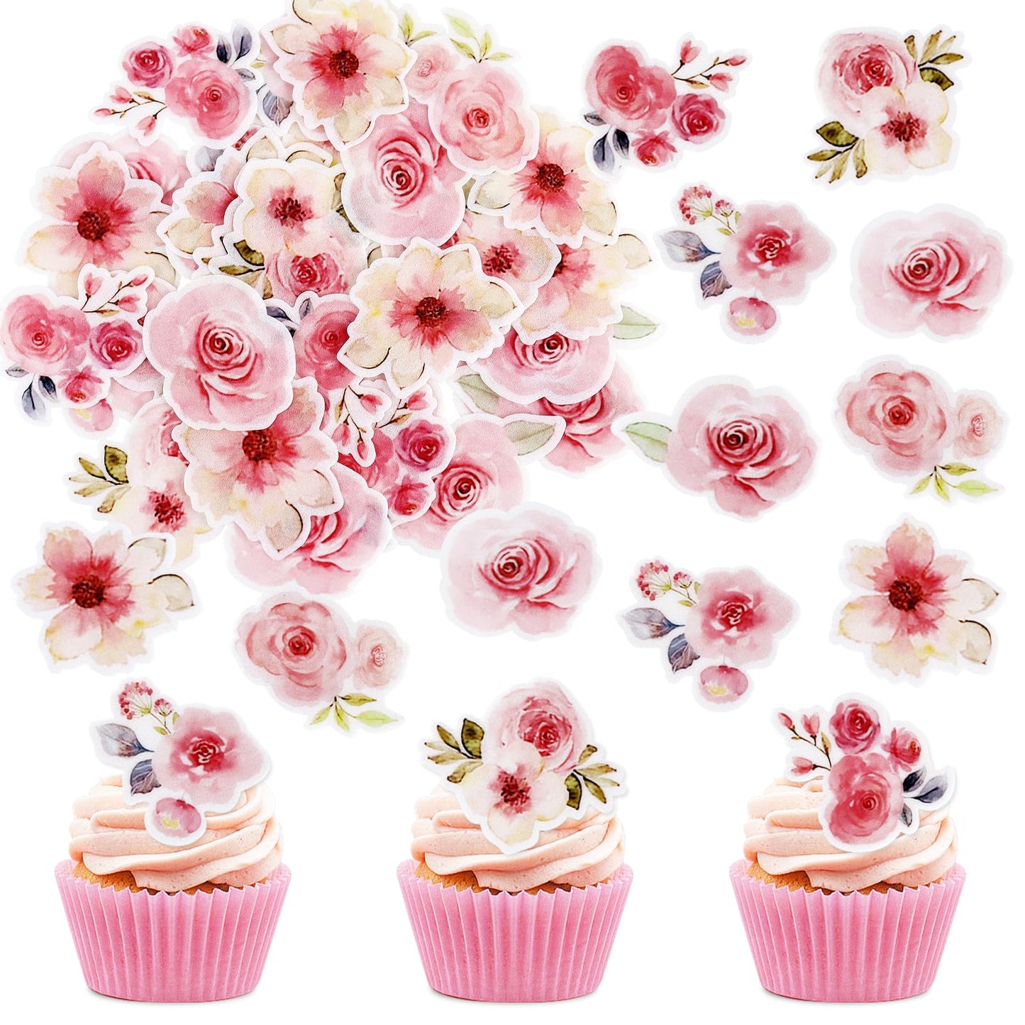 40 Pack Edible Flower Cupcake Toppers Edible Wafar Paper Spring Bridal Engagement Baby Shower Birthday Party Drink Toppers Anniv