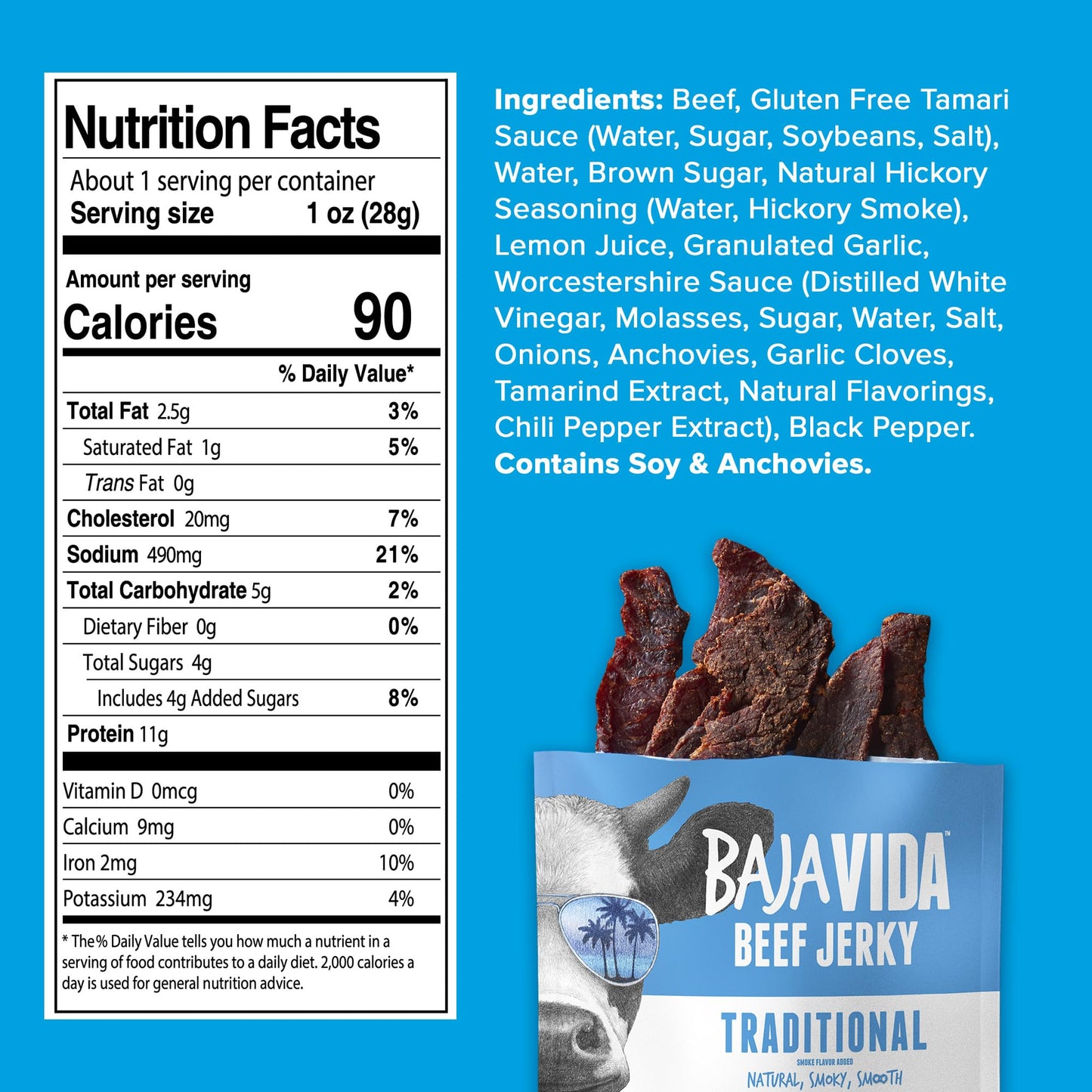 BAJA BEEF Traditional Beef Jerky - Sweet and Spicy Beef Jerky Snack Packs, Healthy Jerky, Gluten-Free, All-Natural Beef, No MSG,