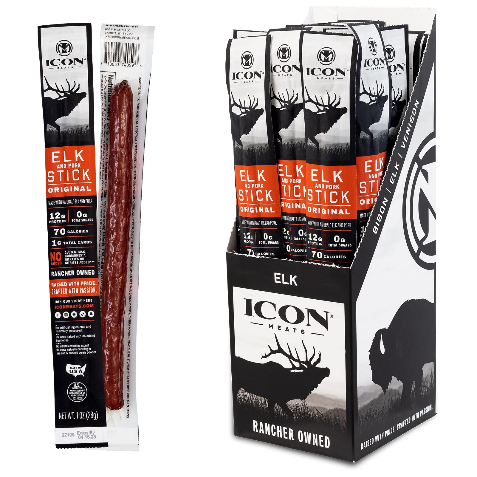 Icon Meats Elk And Pork Snack Sticks - Original Flavor - 24 Pack Of Individually Wrapped Jerky Meat Sticks, Usda Approved, All N