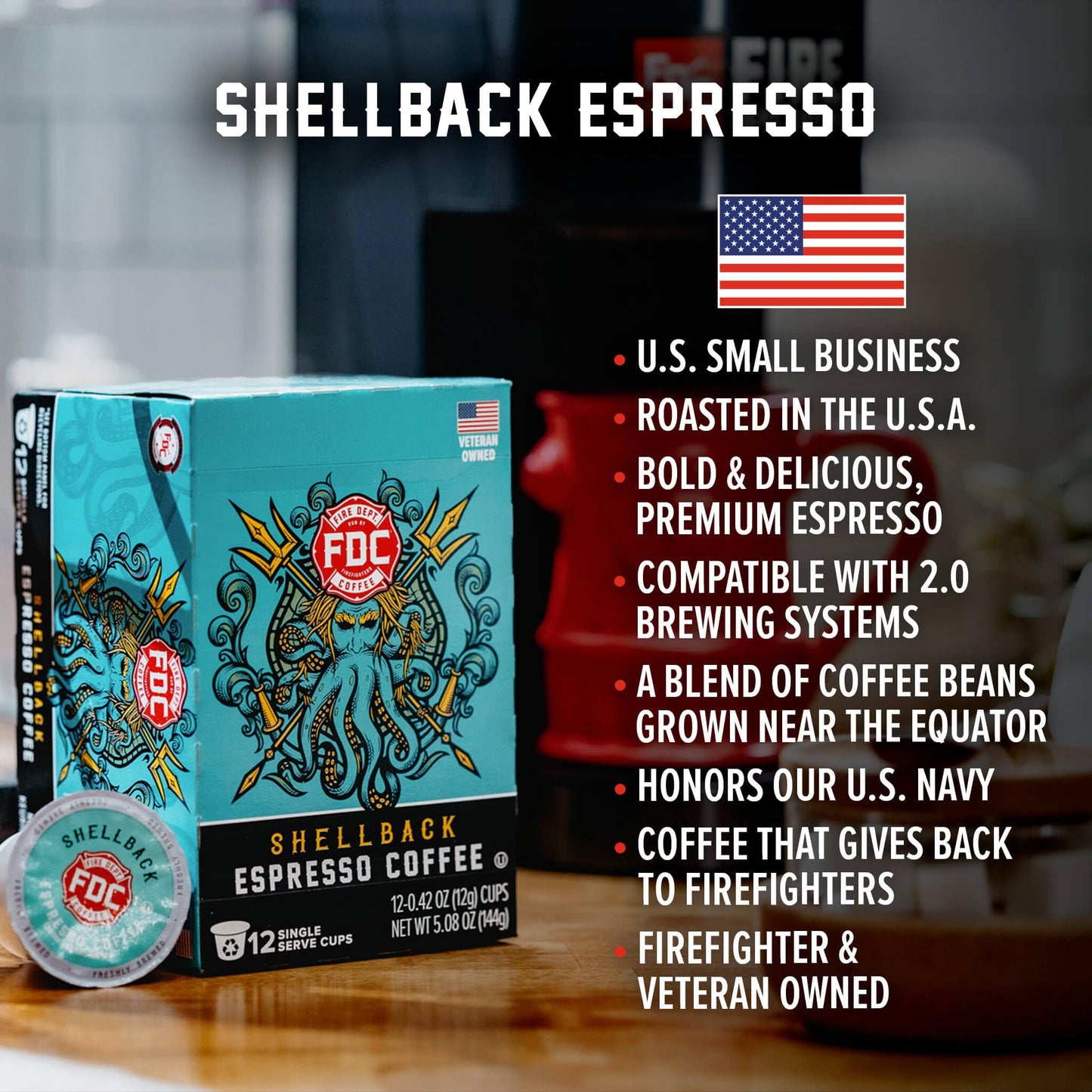 Fire Department Coffee Shellback Espresso Pods - Bold & Smooth - 24 Single K Cups - Veteran Owned - Roasted in the USA
