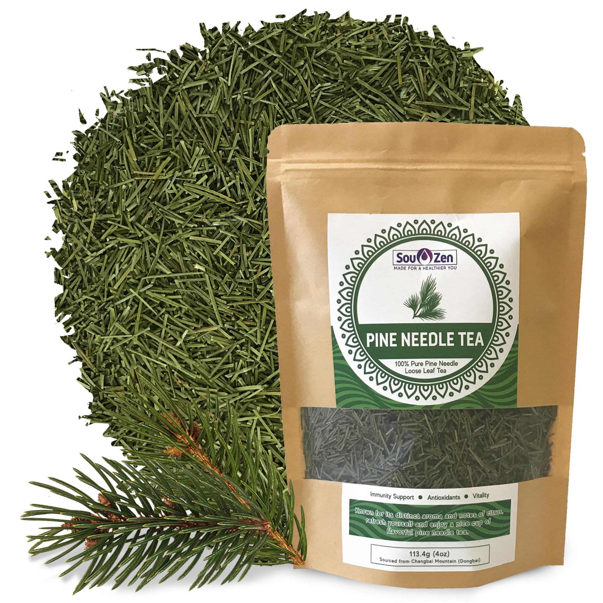 Sou Zen Pine Needle Tea Loose Leaf, 4oz | Premium Wild Korean Tea, Non-GMO, Caffeine-Free, Herbal, No Preservatives