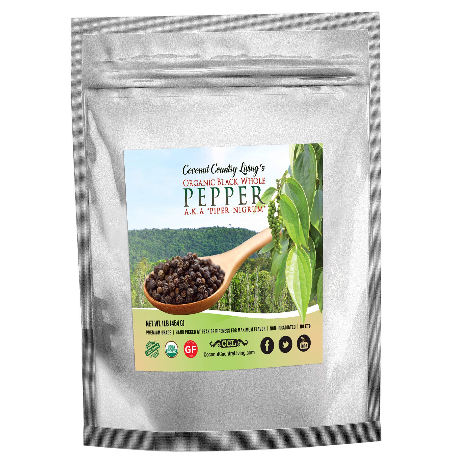 Organic Whole Black Peppercorns - Fair Trade Premium Whole Black Pepper For Grinder Refill - Non-Gmo, W/Ebook - 16 Oz / 1 Lb