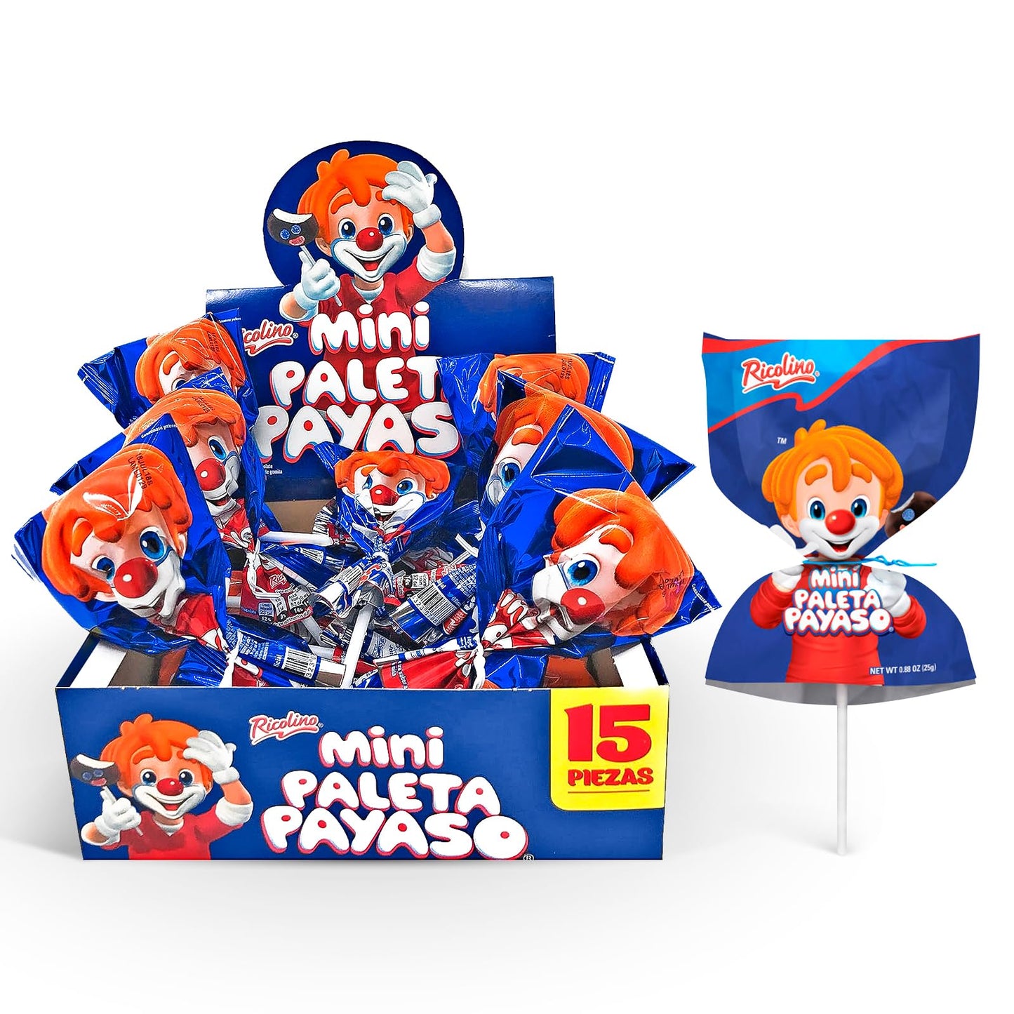RICOLINO Mini Paleta Payaso Lollipop - Chocolate Covered Marshmallow, 15 Count, Multicolor