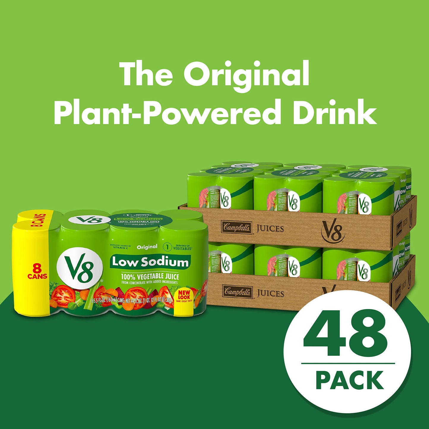 V8 Low Sodium Original 100% Vegetable Juice, Vegetable Blend with Tomato Juice, 5.5 Fl Oz - 8 Count (Pack of 6)