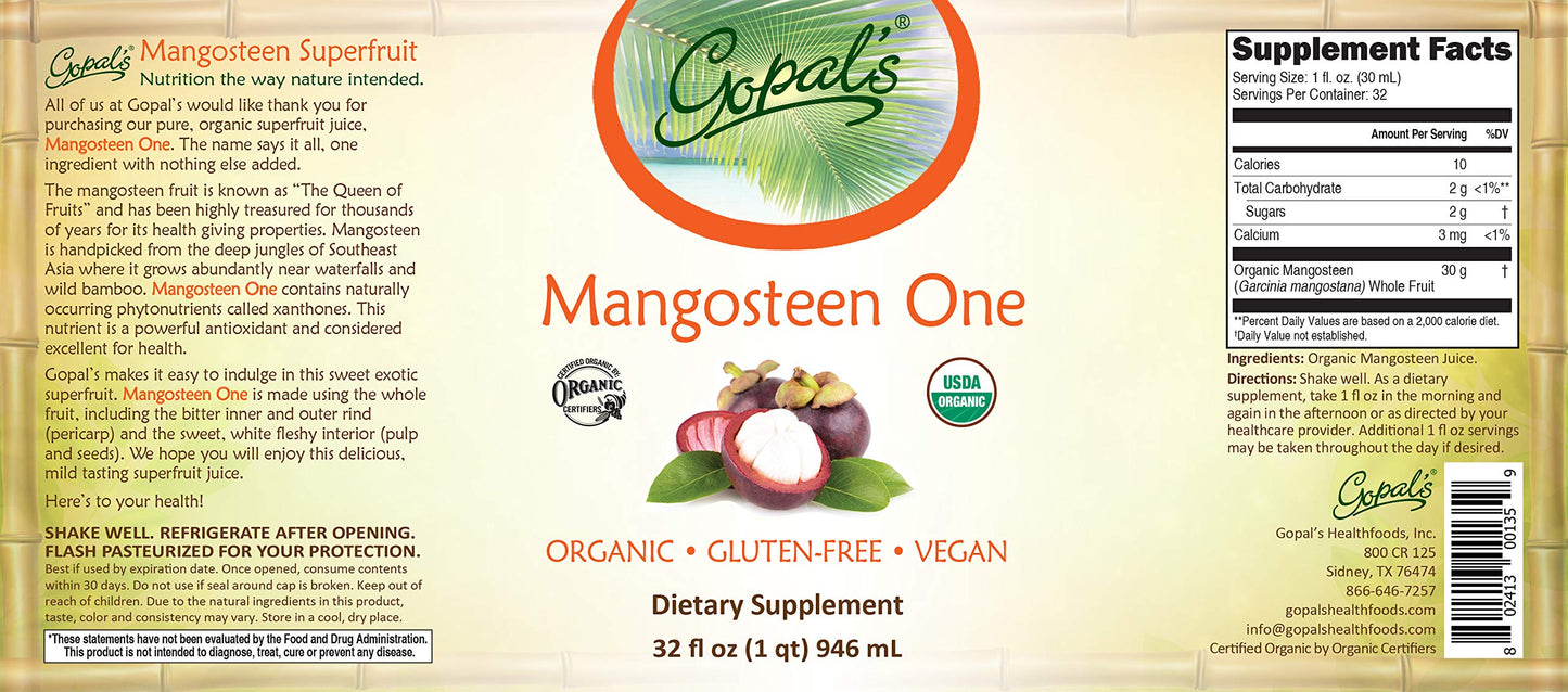 Mangosteen One | 100% Pure Organic Mangosteen Juice - 32oz Glass Bottle (1qt) | Xanthone  Vitamin & Antioxidant Rich Whole Superfruit - Gluten-Free  Vegan Mangosteen dietary product | Gopals Healthfoods
