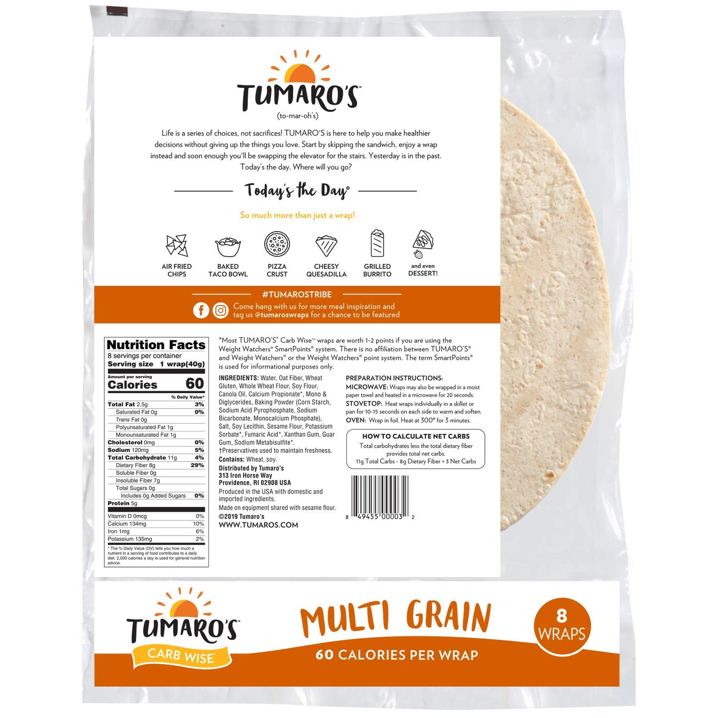 Tumaro'S 8'' Carbwise Wraps - Multigrain - 8 Count - Case Of 6