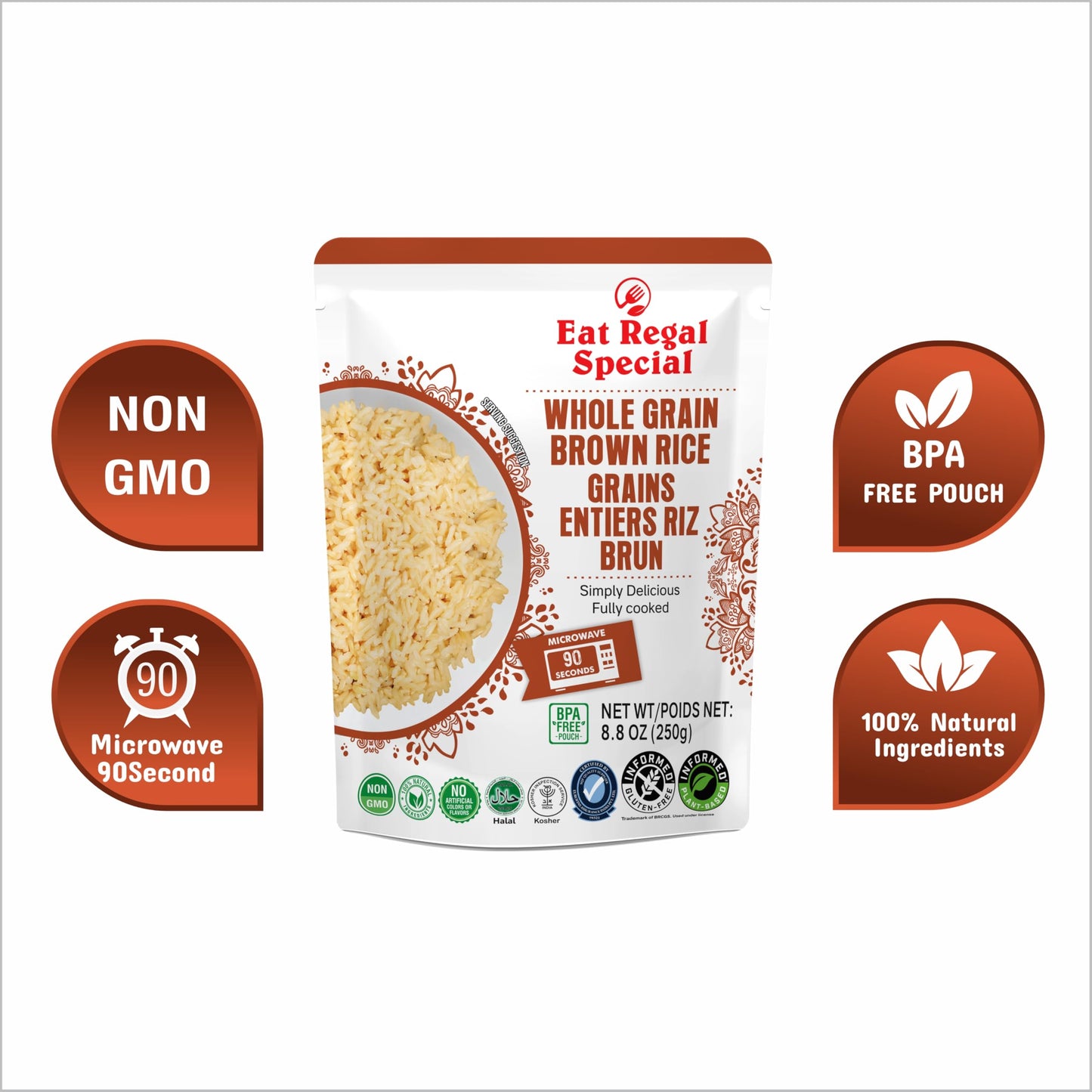Eat Regal Ready To Eat Whole Grain Brown Rice Microwavable Pack Of 6,8.8Oz | Ready Rice In 90 Seconds | Heat And Eat | Precooked