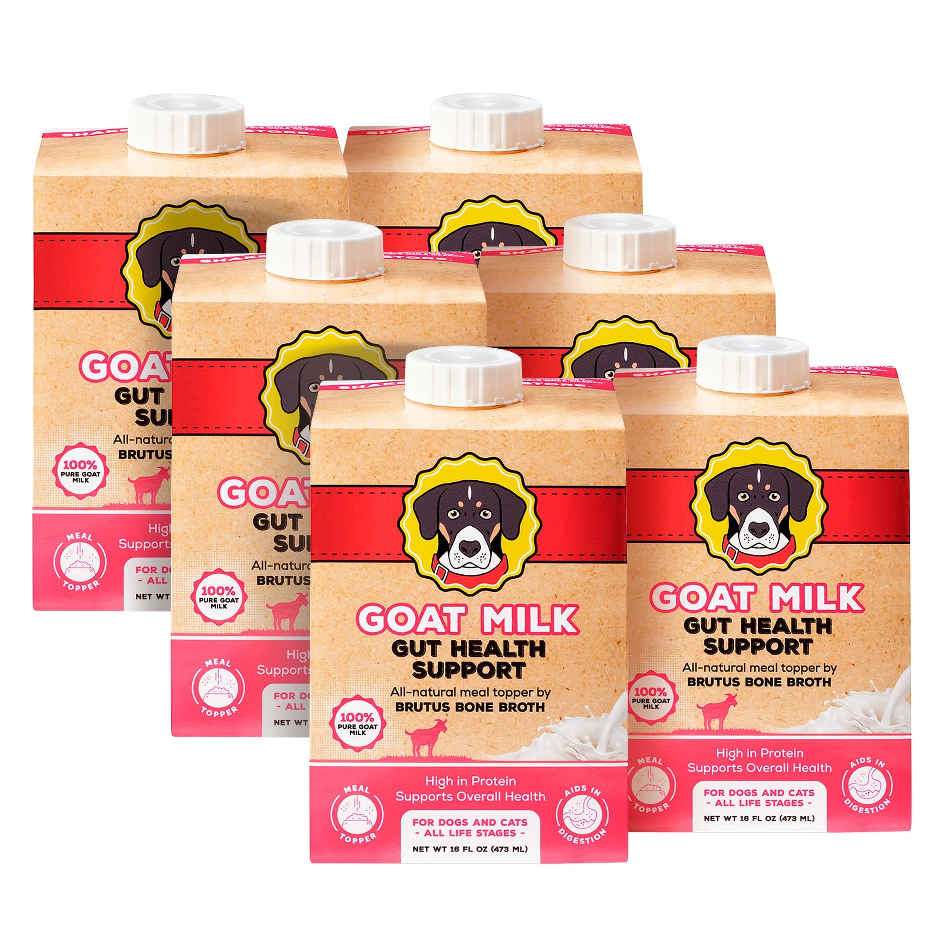 Brutus Bone Broth Goat Milk Meal Topper for Dogs & Cats - Digestive Support, Low-Lactose, 16 Fl Oz (Pack of 6)