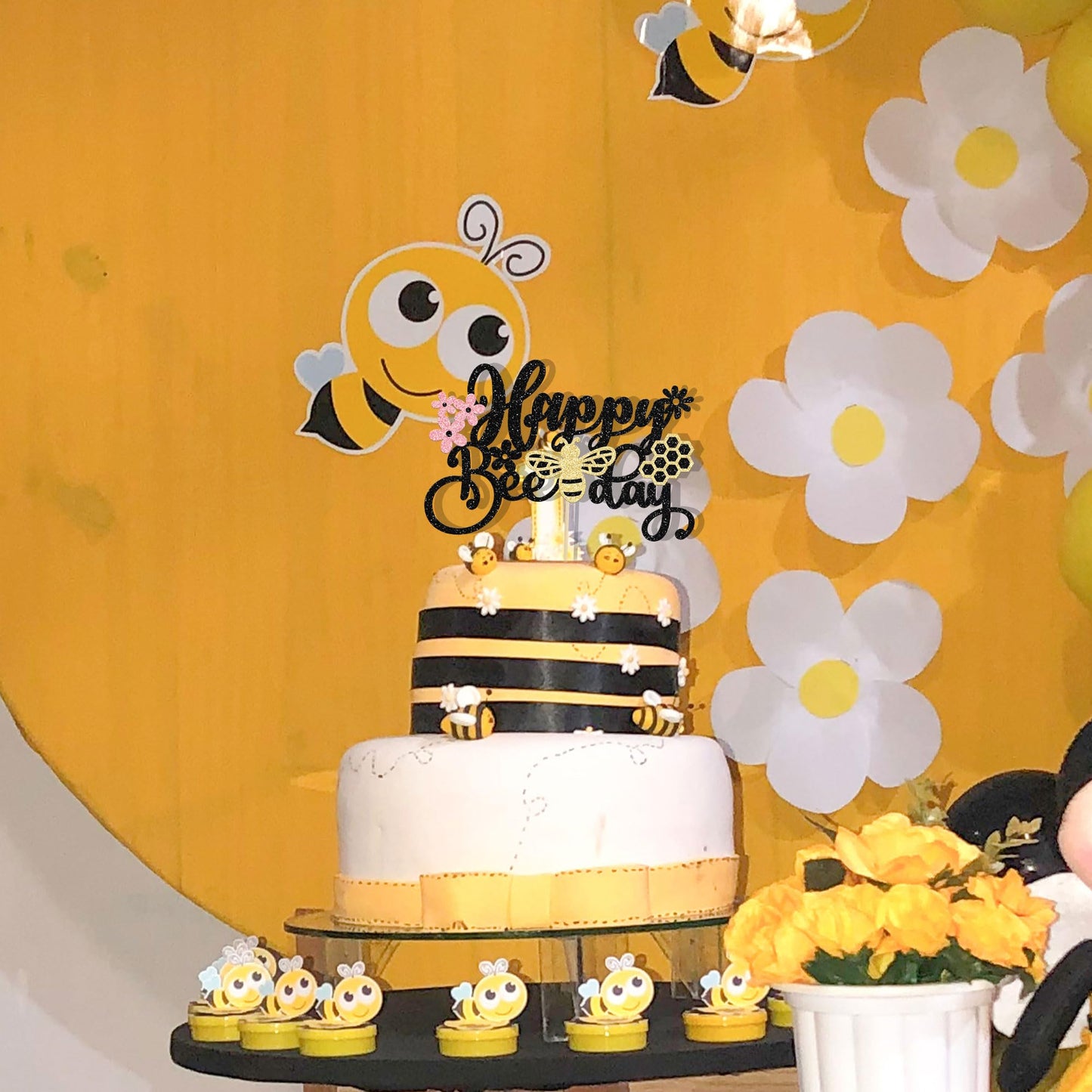 1 Pack Happy Bee Day Cake Topper Glitter Bumble Bee Theme Cake Pick Decorations For Baby Shower Kids Birthday Party Supplies Bla