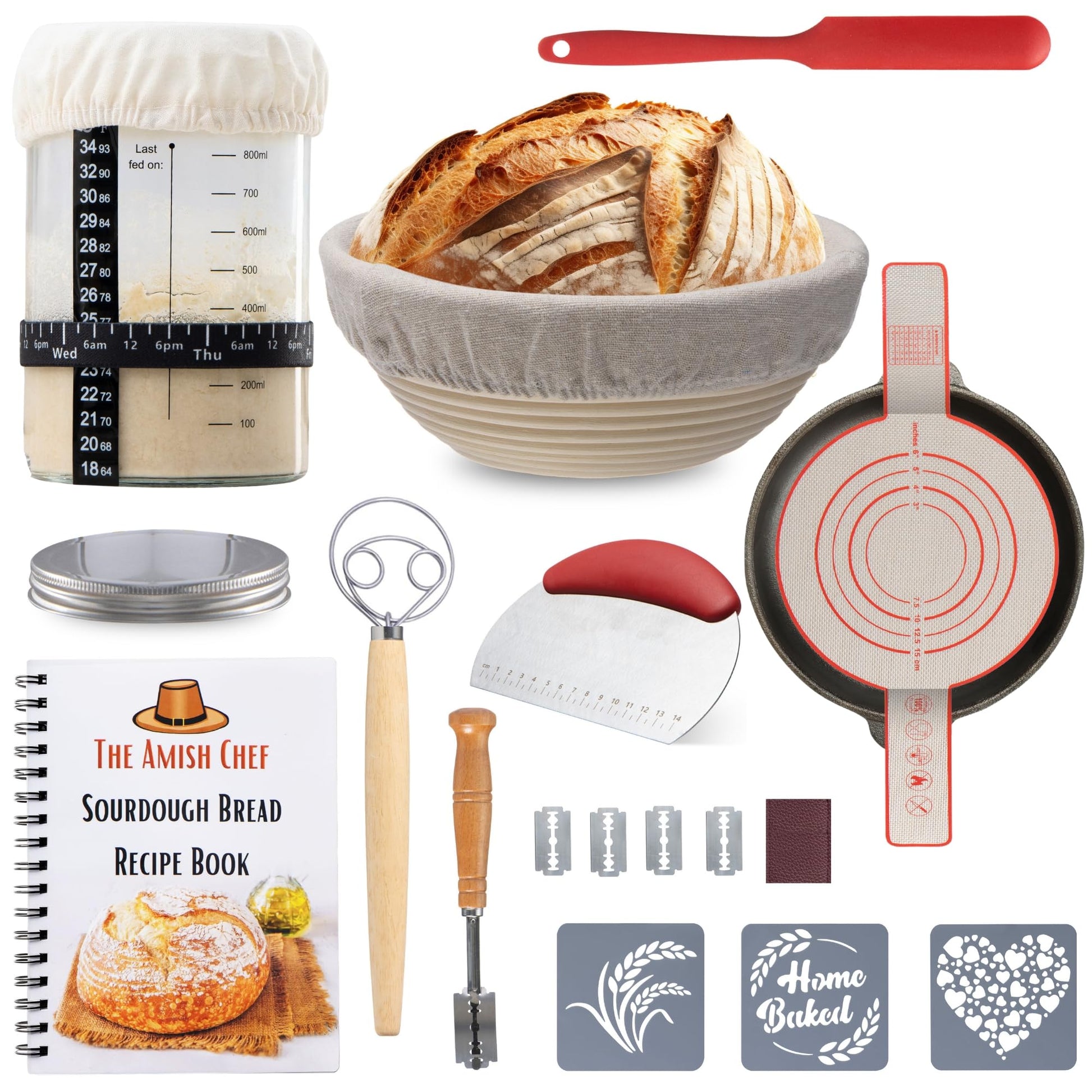The Amish Chef Sourdough Bread Starter Kit - Glass Jar, Large Size, Includes Banneton Basket and Baking Supplies