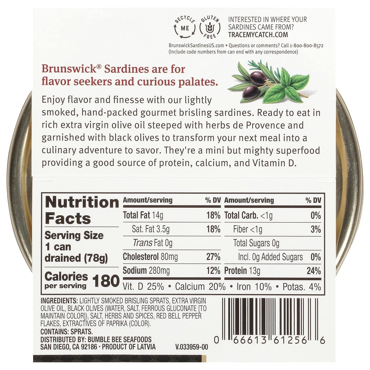 Brunswick Wild Caught Gourmet Brisling Sardines in Olive Oil, 4.23 oz Can, Mediterranean Style with Black Olives, 13g Protein per Serving