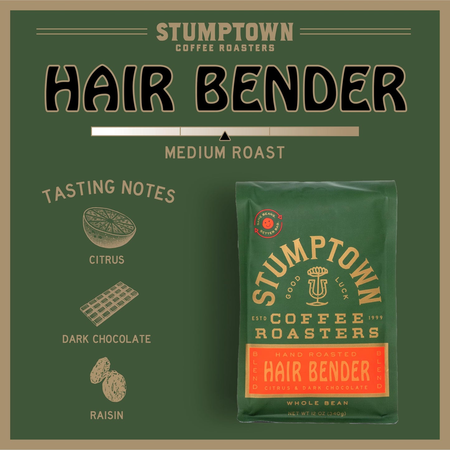Stumptown Coffee Roasters, Medium Roast Whole Bean Coffee - Hair Bender 12 Ounce Bag with Flavor Notes of Citrus and Dark Chocol