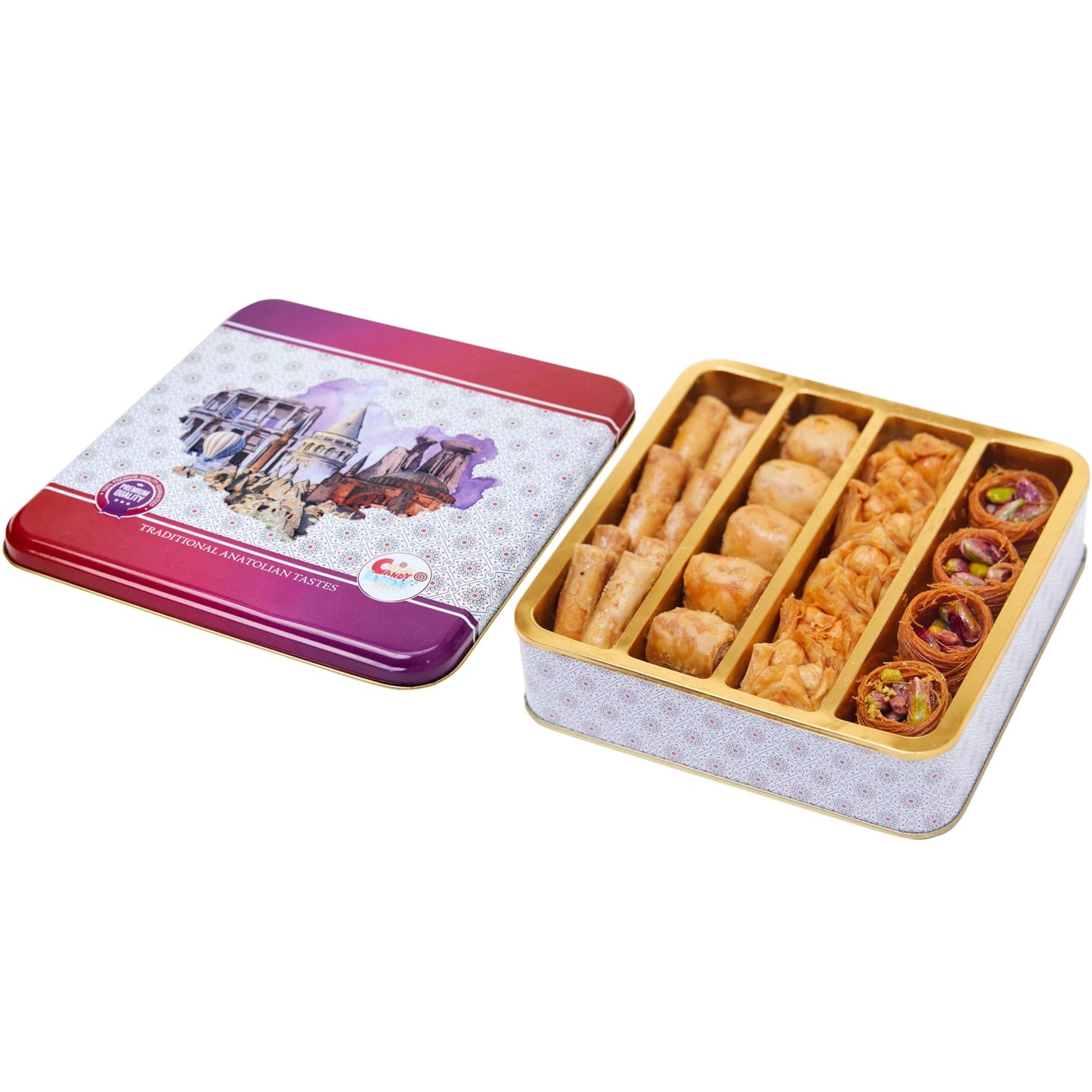 Sarah'S Candy Factory Assorted 0.5 Lb Premium Baklava Pastry Gift Box Halal Snacks, 250 Gr In A Metal Box, Turkish Dessert Ideal