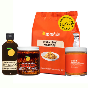Spicy Momofuku Starter Pack by David Chang, with Extra Spicy Chili Crunch, Spicy Soy Ramen, Soy Sauce, & Spicy Salt, Seasoning G