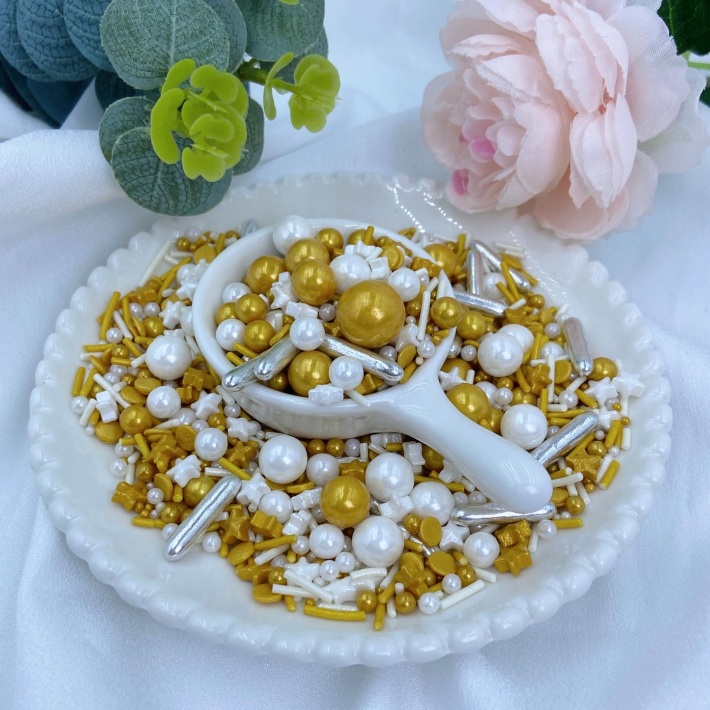 Littlestar Sprinkles - White Deluxe Gold Sprinkles For Cake Decorating 4 Ounce - Sugar Mix Pearl Sprinkles For Cupcake Toppers,