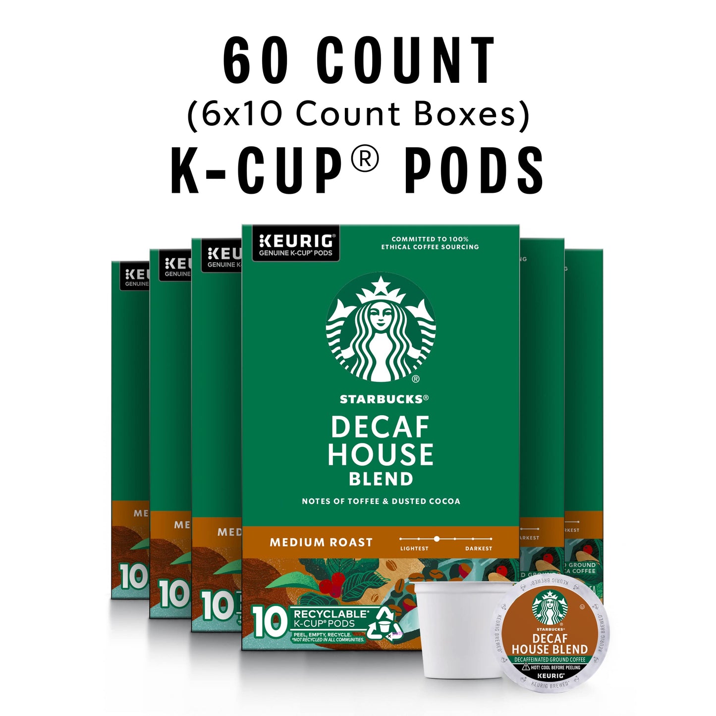 Starbucks Decaf K-Cup Coffee Pods - House Blend, 60 Pods (6 Boxes), Compatible with Keurig malt-inspired