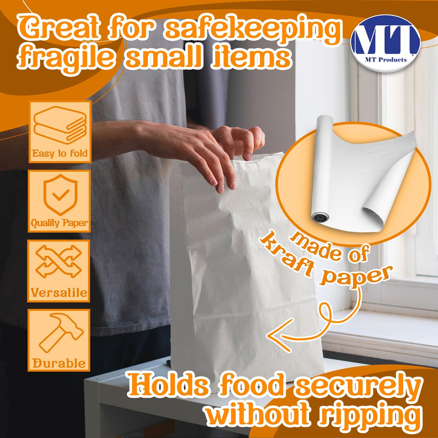 Mt Product White Paper Bags - 8 Lbs. Capacity, Multipurpose Grocery Bags - Disposable Paper Lunch Bags Perfect For Shopping, Sto