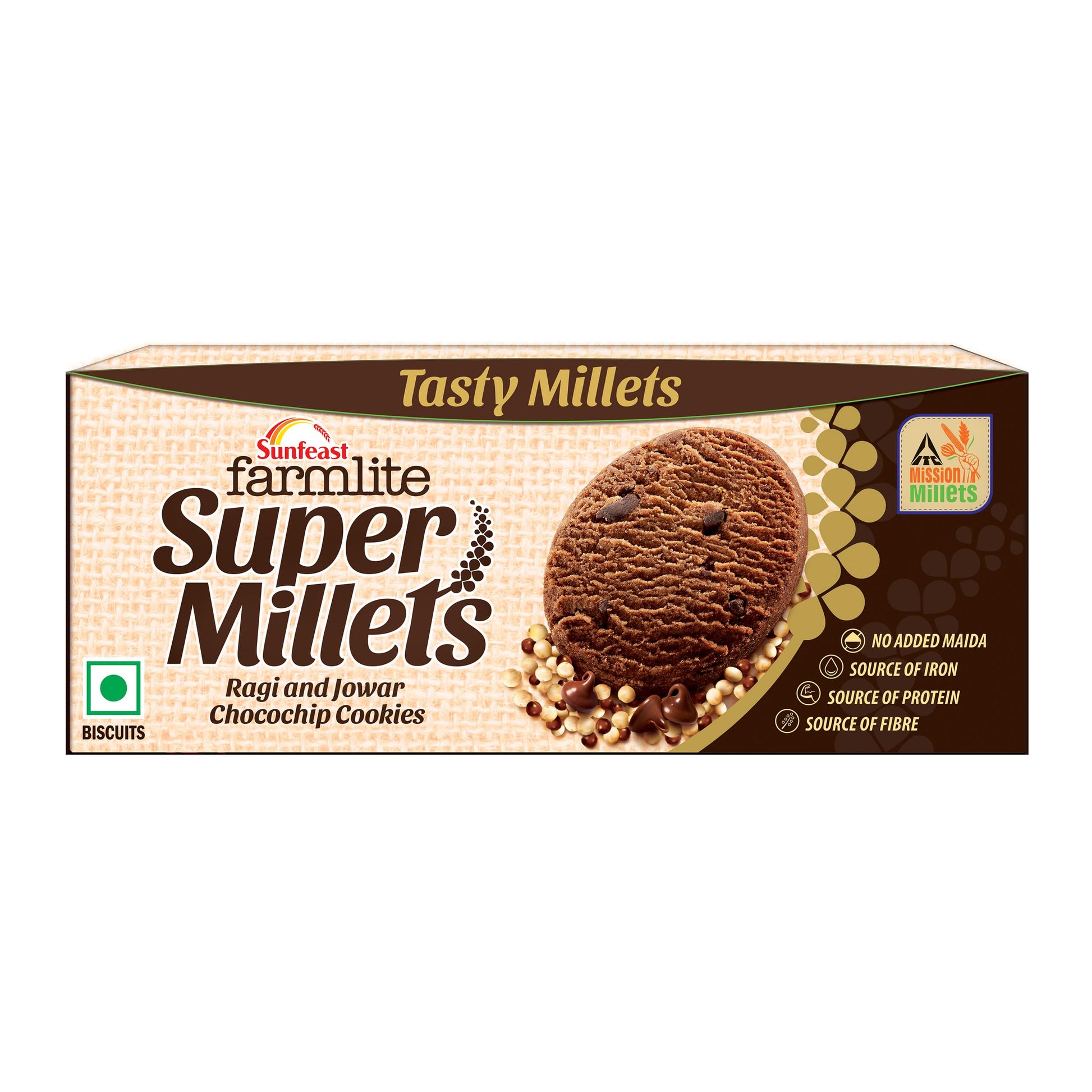Sunfeast Farmlite Super Millets Ragi and Jowar Chocochip Cookies, Delightfully Tasty & Crunchy, Made with No Added Maida, Pack o