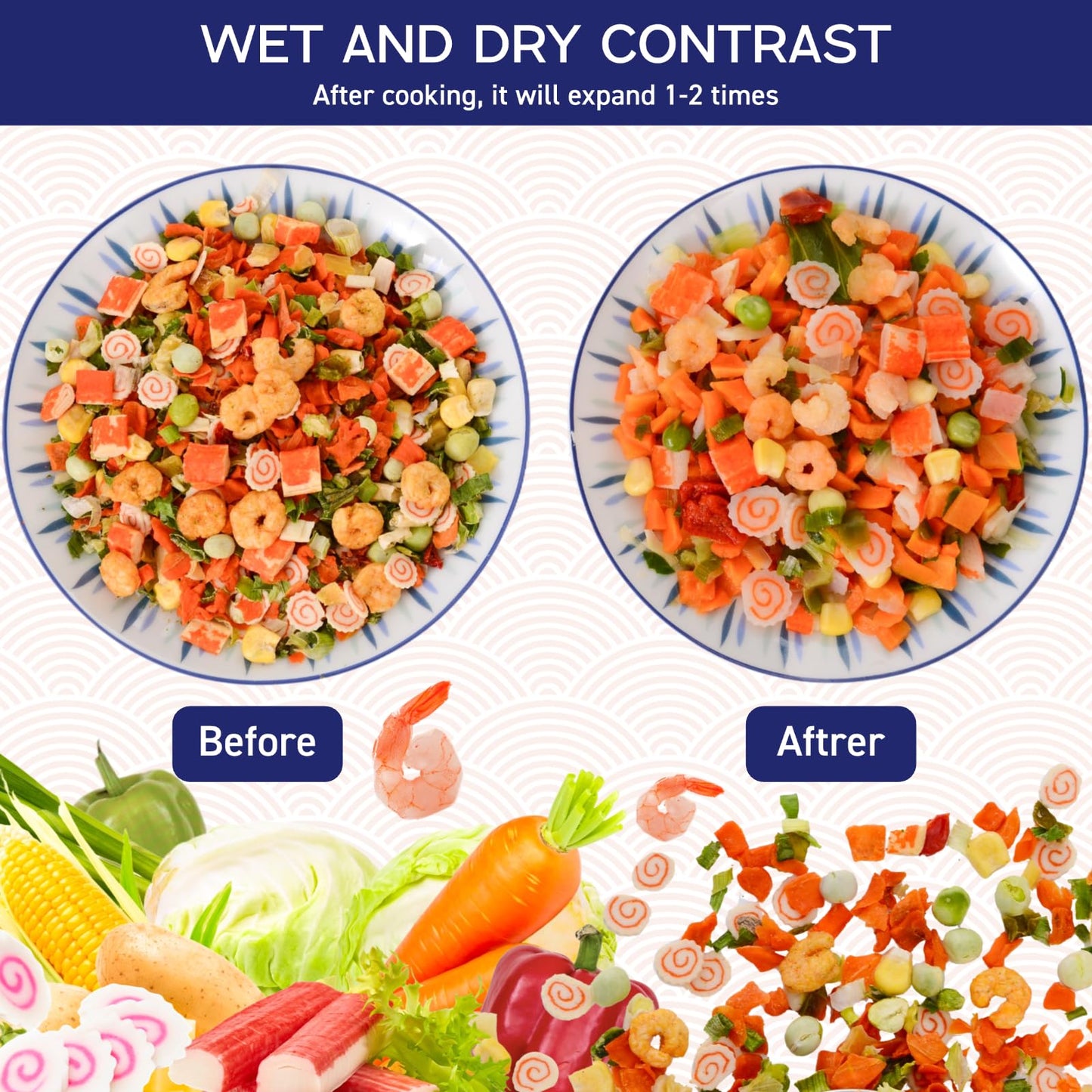 16Oz Dehydrated Freeze Dried Seafood & Vegetable Mix - 11 Mixed Dry Veggies Ingredients Natural Ramen Toppings For Soups, Salad,