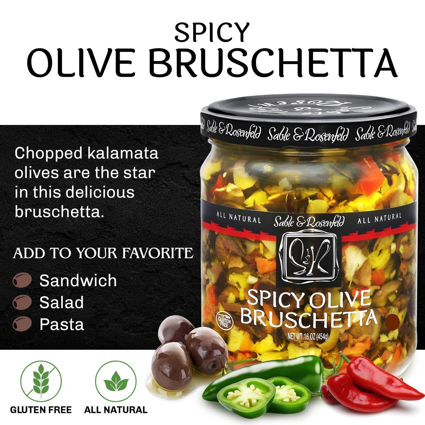 Sable & Rosenfeld Spicy Olive Bruschetta Sandwich Spread, Gluten-Free, 16 Ounce (Pack of 6)