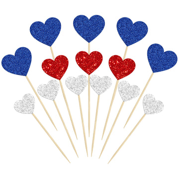 Gyufise 30Pcs Heart Cupcake Toppers Glitter Independence Day Cupcake Picks Valentine's Day Cake Decorations for Wedding Engageme