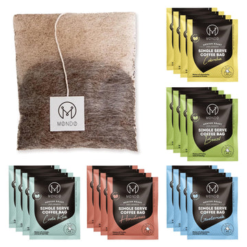 Mondo Single Serve Coffee Bags (20 Cups) Variety Pack - Organic  Medium Roast - Disposable  Portable Coffee Filters for Camping and Travel  Sampler Box of 5 Ground Coffee Flavors