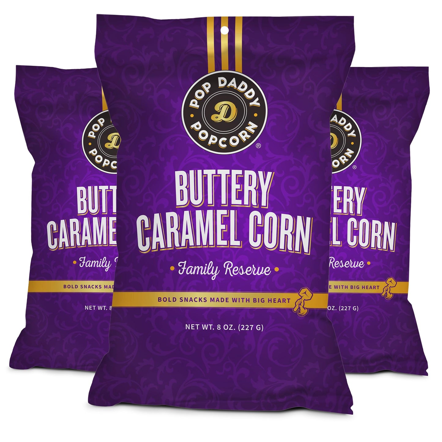 POP DADDY Flavored Popcorn, Buttery Caramel, Gluten Free, 8oz Bags, 3 Pack