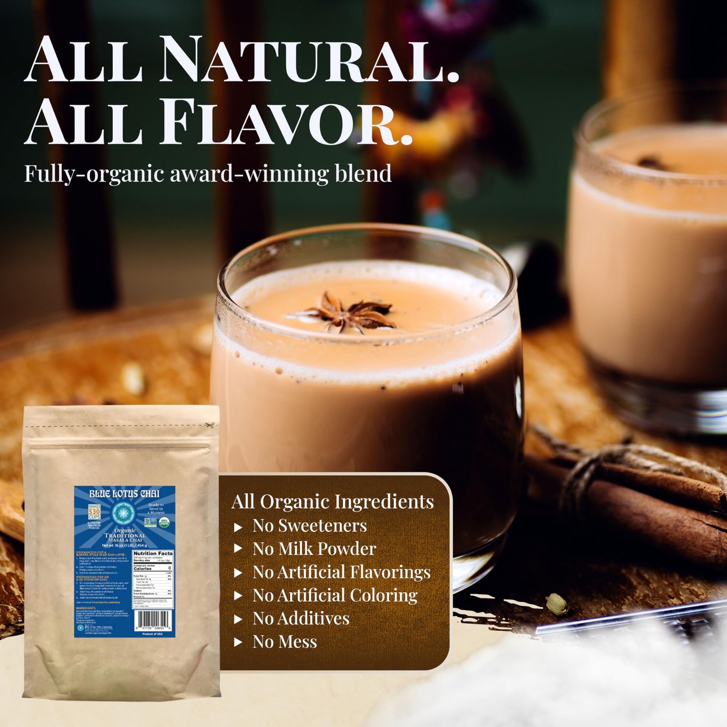 Blue Lotus Chai - Fully Organic Traditional Masala Chai - Makes 530 Cups - 1 Pound Bulk Bag Masala Spiced Chai Powder With Organ