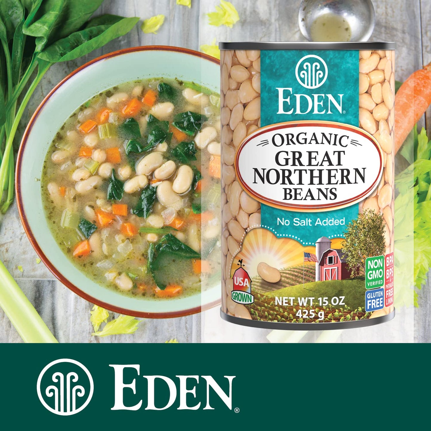 Eden Organic Great Northern Beans (White Beans), 15 Oz Can (12-Pack Case), No Salt Added, Non-Gmo, Gluten Free, U.S. Grown, Heat
